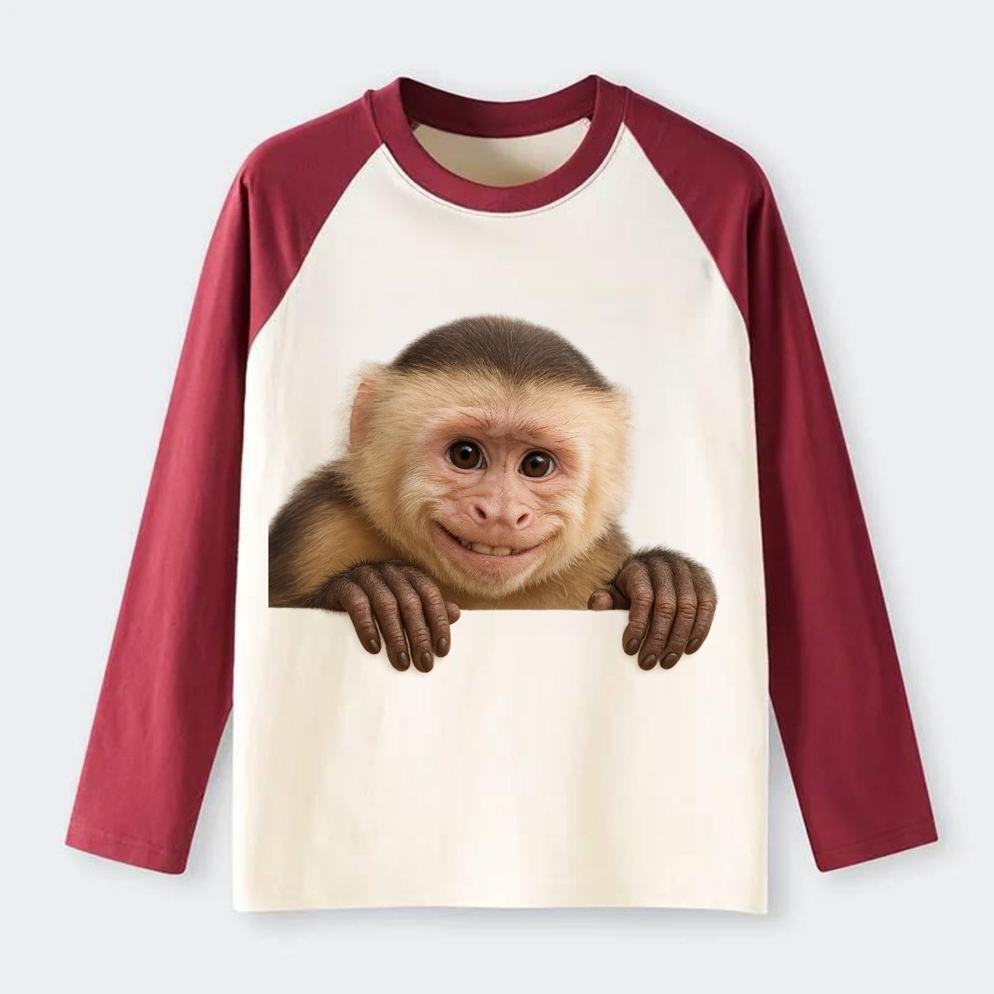 Capuchin Monkey - Raglan Long Sleeve T-Shirt - Red