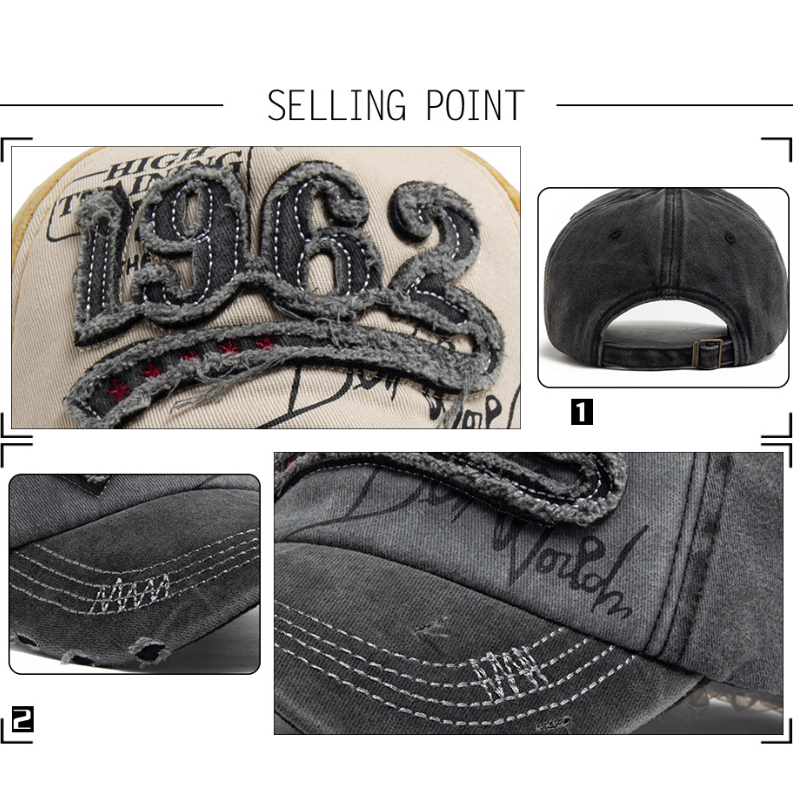 Vintage 1962 Distressed Baseball Cap - Washed Cotton Patchwork Hat with Embroidery and Adjustable Strap