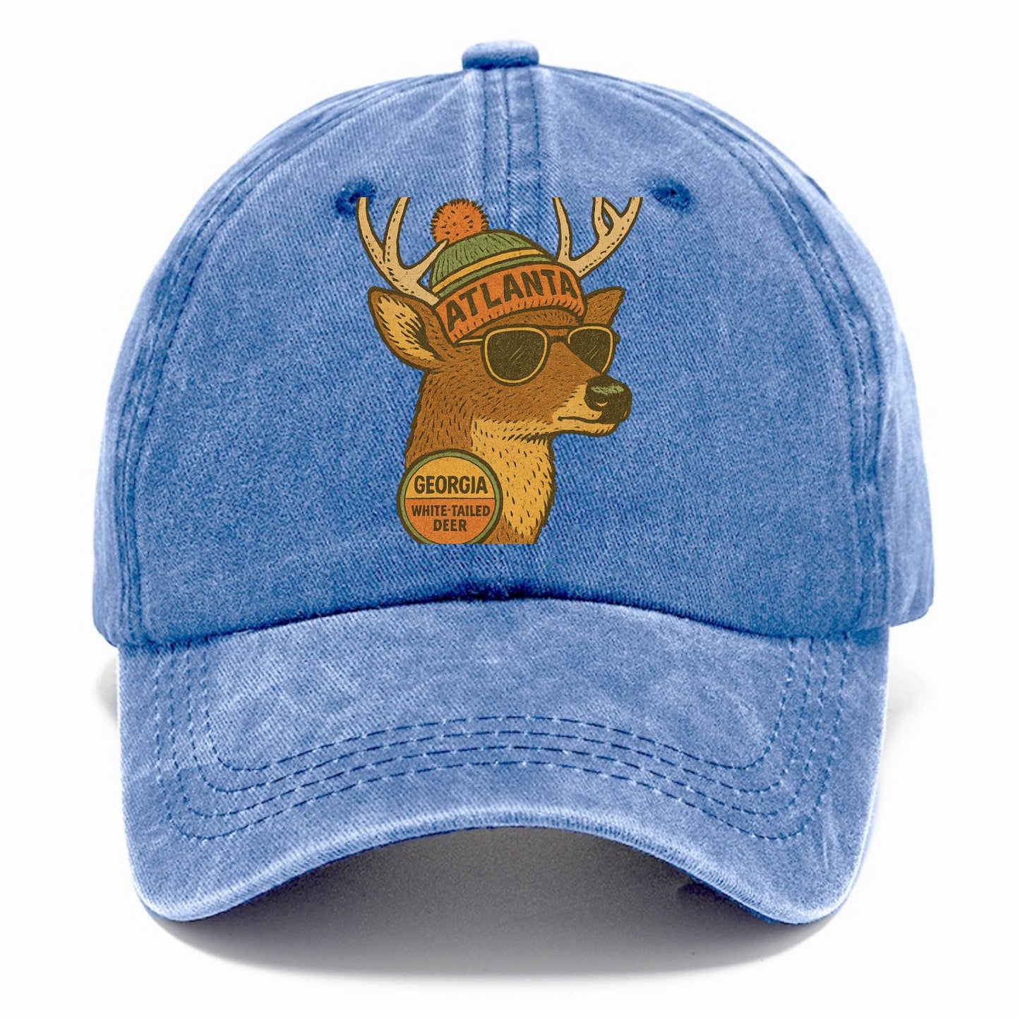 Georgia White-tailed Deer wearing Atlanta beanie with pom pom and wayfarer sunglasses - Classic Cap - Summer Sky(Blue)