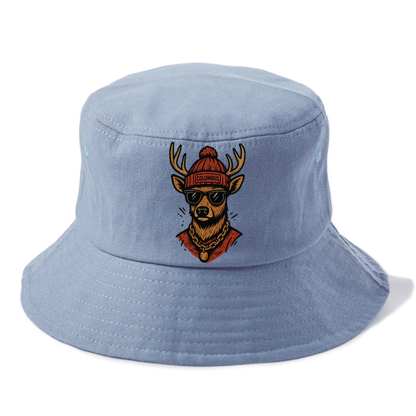 Columbus White-tailed Deer wearing Columbus beanie with pom pom and wayfarer sunglasses - Bucket Hat - Summer Sky(Blue)
