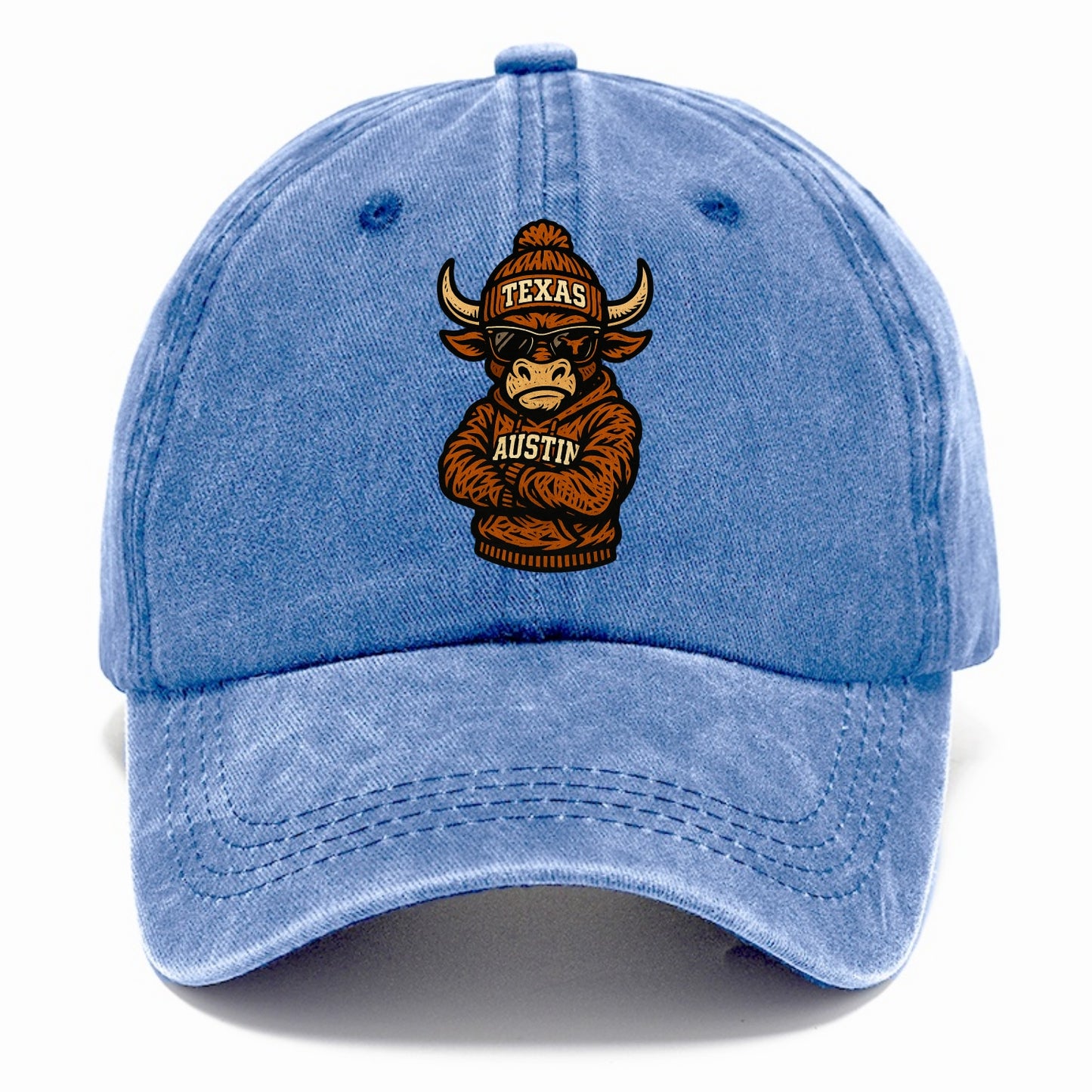 Austin Bevo wearing Texas beanie with longhorn patch - Classic Cap - Summer Sky(Blue)
