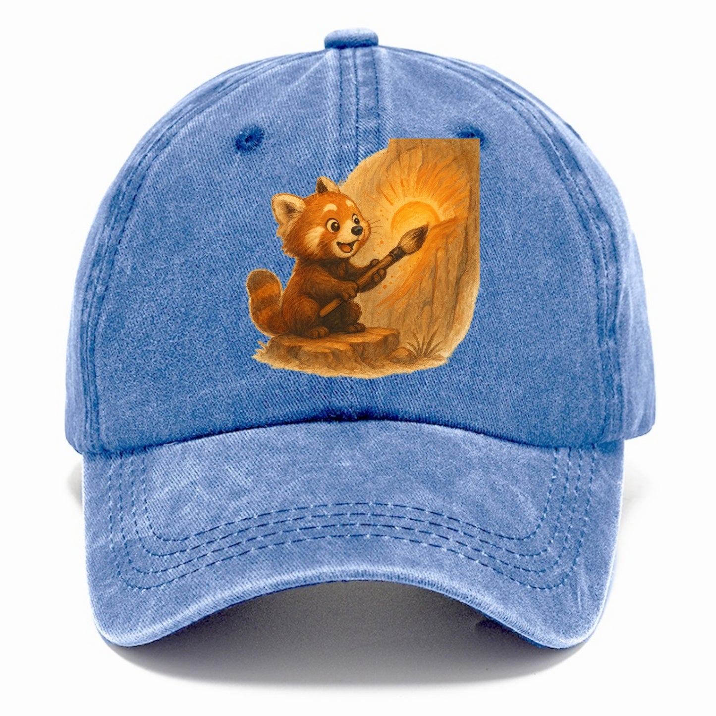 Red panda painting a sunrise mural with an oversized calligraphy brush on a cliff wall - Classic Cap - Summer Sky(Blue)
