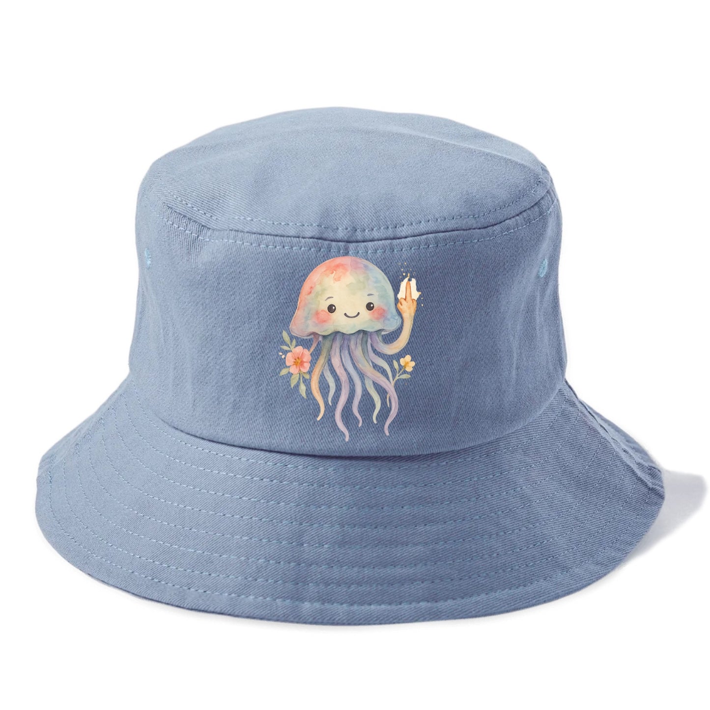 jellyfish with kawaii face and tentacles, one tentacle pointing up defiantly - Bucket Hat - Summer Sky(Blue)
