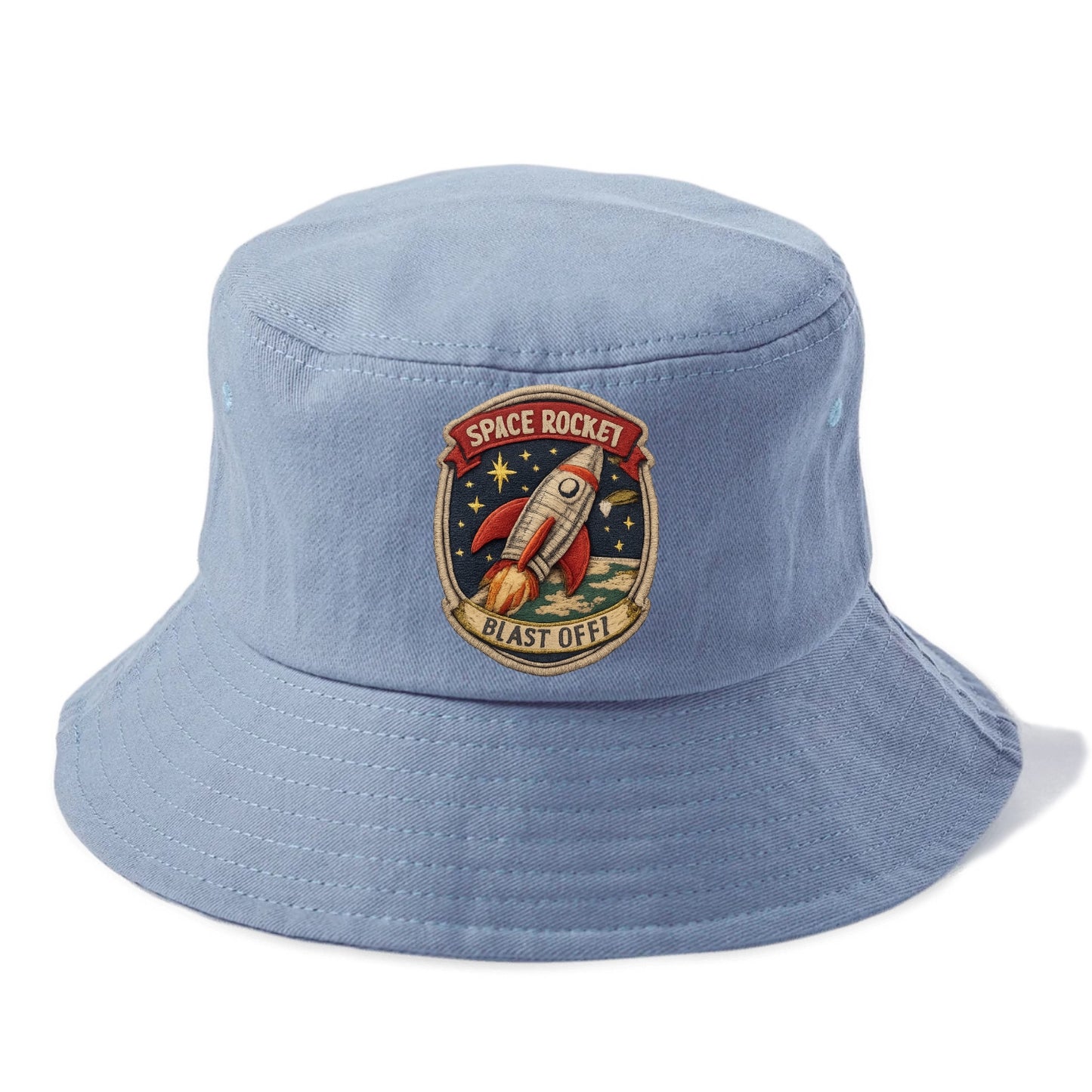 RETRO ROCKET - 1950s space rocket in silver and red , atomic age - Bucket Hat - Summer Sky(Blue)