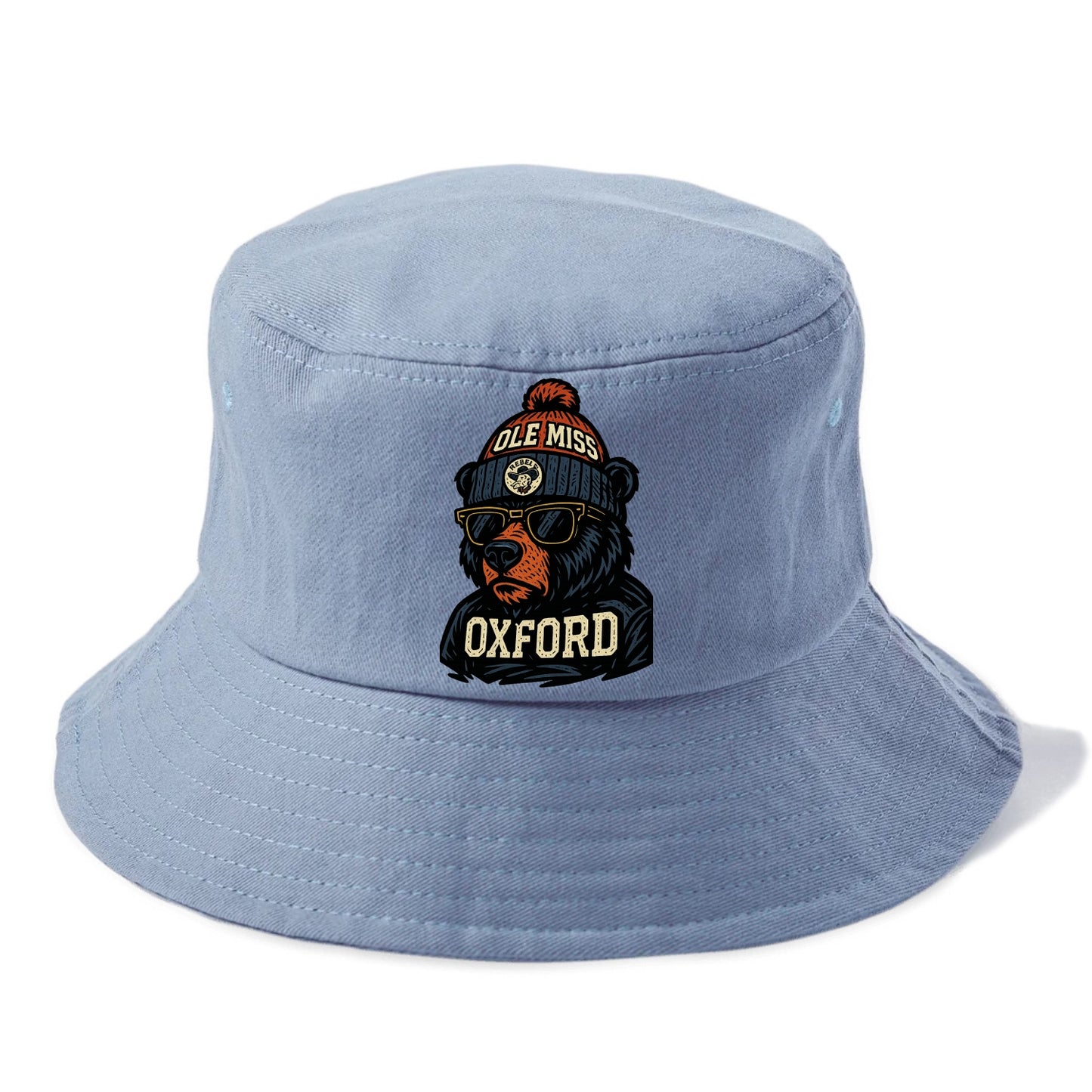 Oxford Black Bear wearing Ole Miss beanie with rebel patch - Bucket Hat - Summer Sky(Blue)