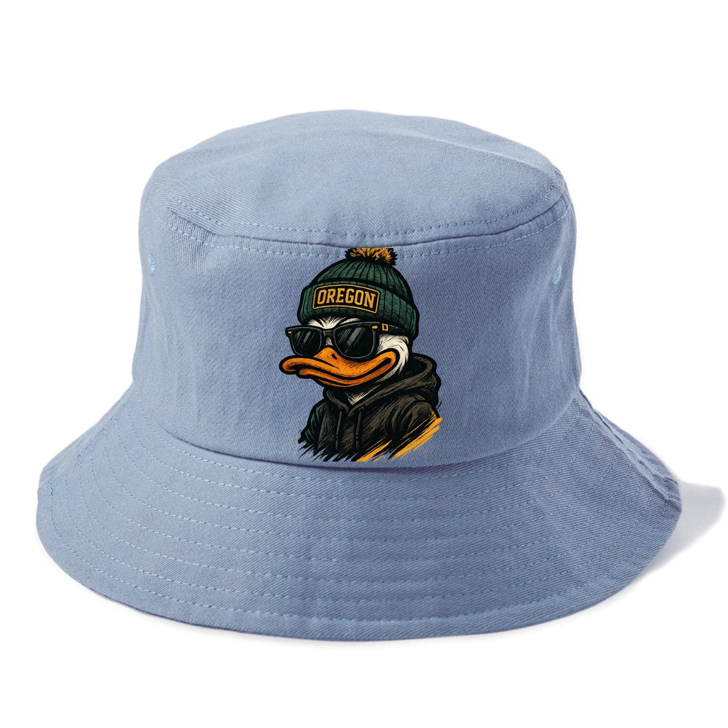 Eugene Duck wearing Oregon beanie with O patch - Bucket Hat - Summer Sky(Blue)