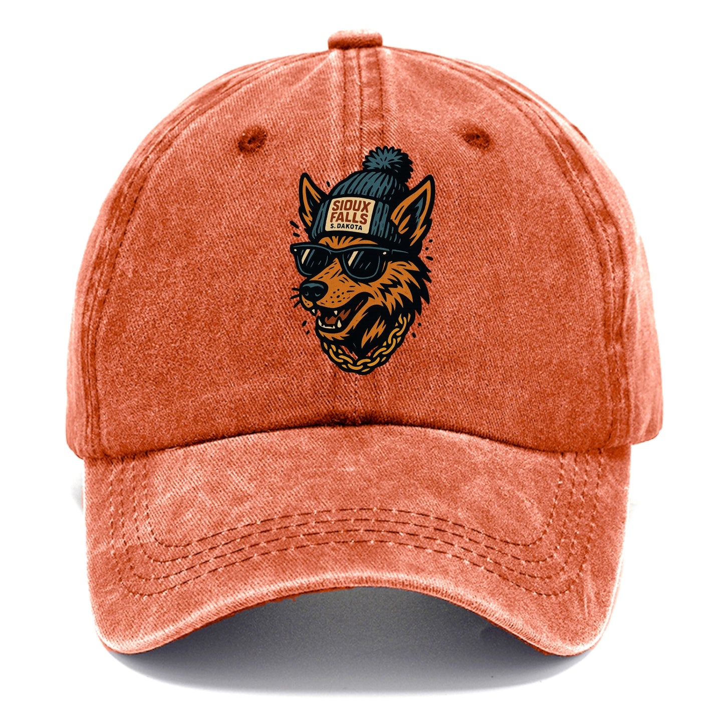 South Dakota Coyote wearing Sioux Falls beanie with pom pom and wayfarer sunglasses - Classic Cap - Terracotta Clay(Orange)