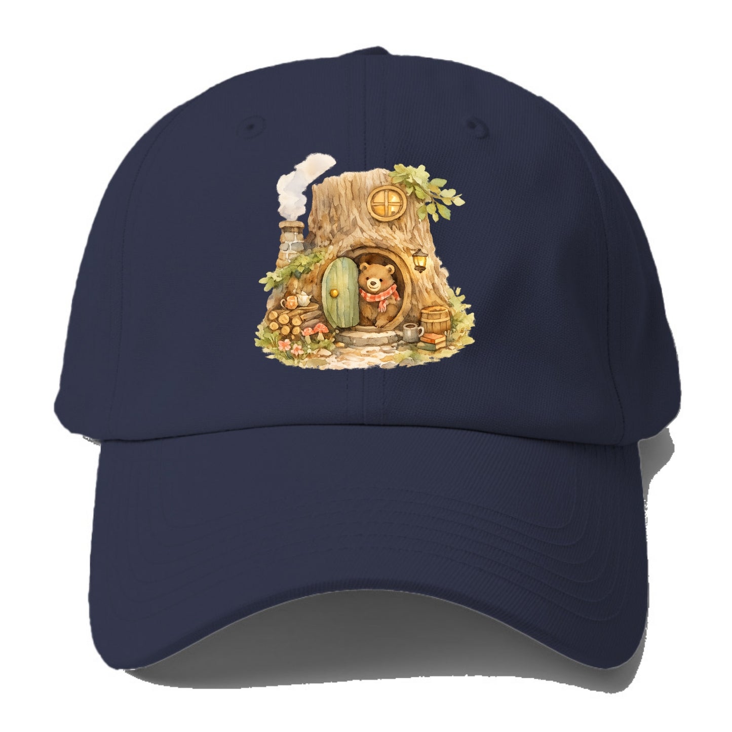 TREE HOME | Bear's home in hollow tree | Round door | Chimney smoke | - Baseball Cap For Big Heads - Twilight Navy(Blue)