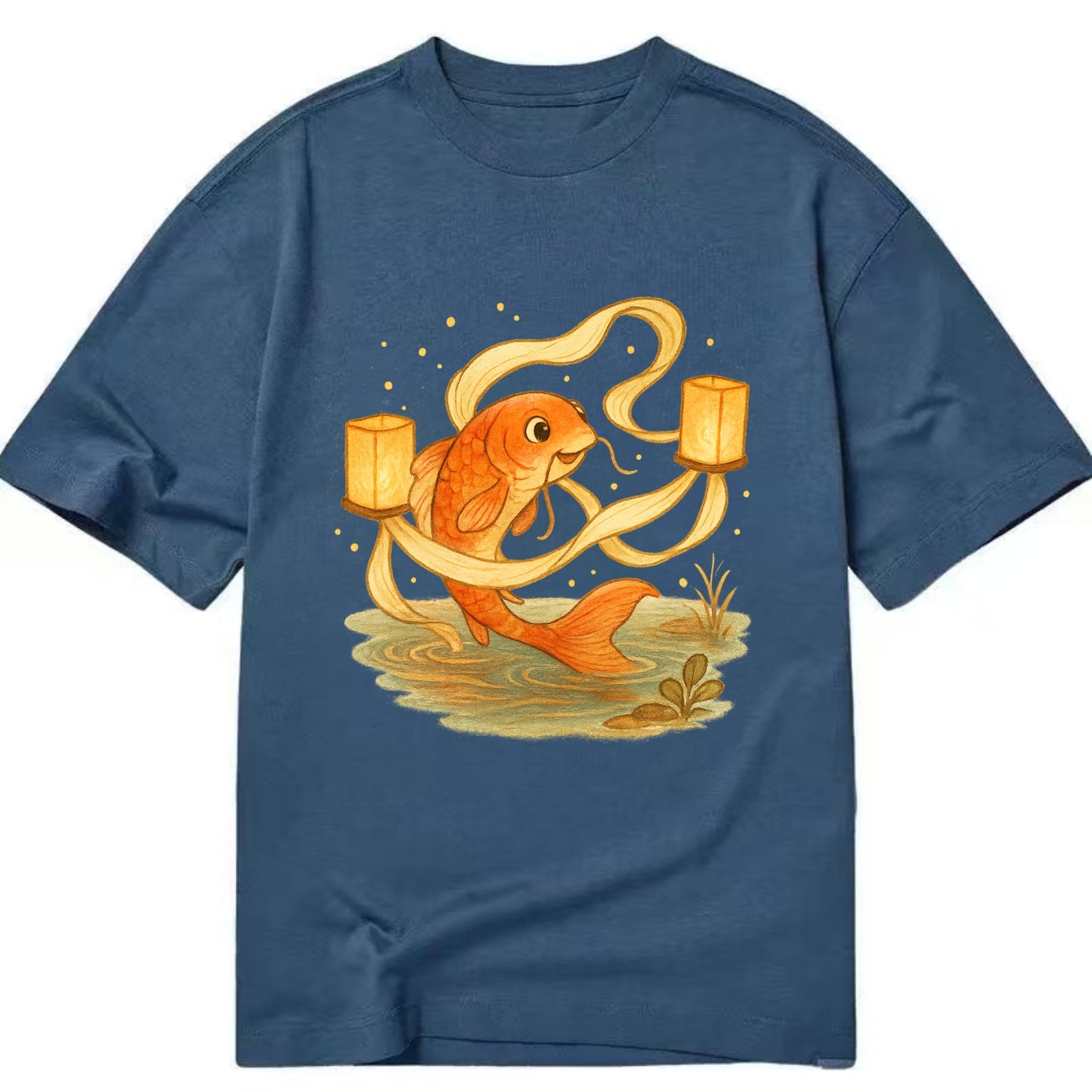 Koi weaving silk streamers through floating lanterns on tranquil water - Classic T-shirt - Twilight Navy(Blue)