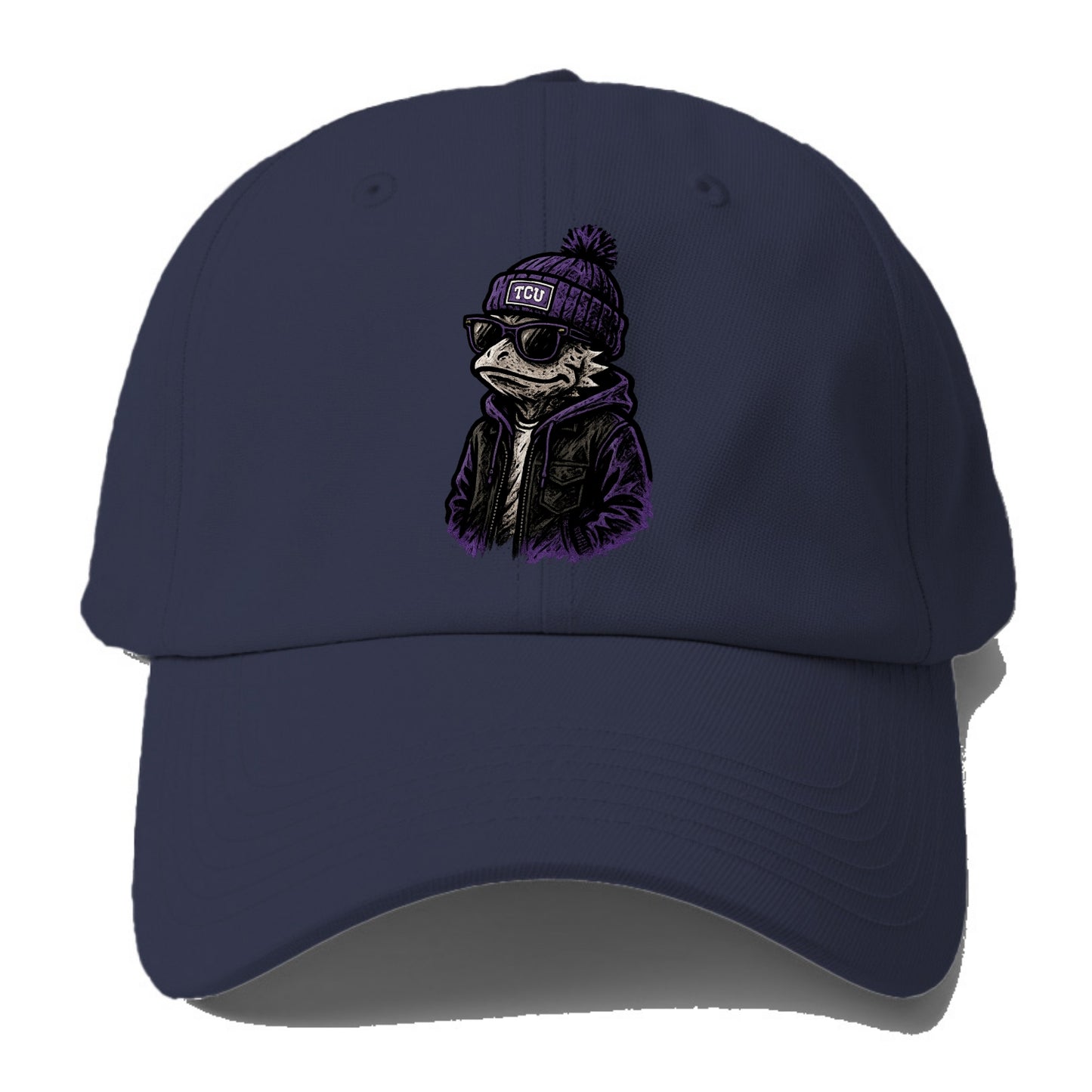 Fort Worth Frog wearing TCU beanie with horned patch - Baseball Cap For Big Heads - Twilight Navy(Blue)