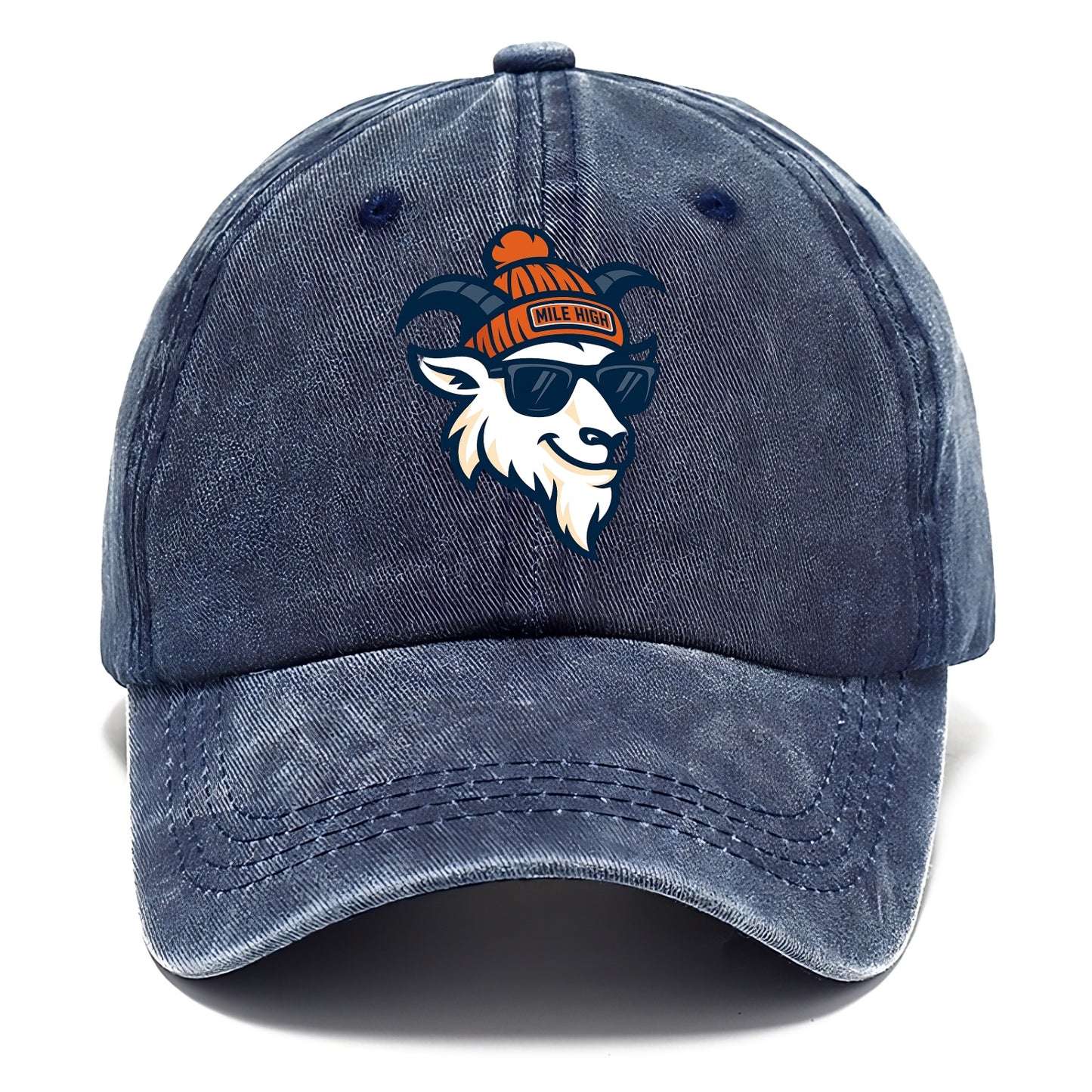 Denver Mountain Goat wearing Broncos beanie with Mile High patch and wayfarer - Classic Cap - Twilight Navy(Blue)