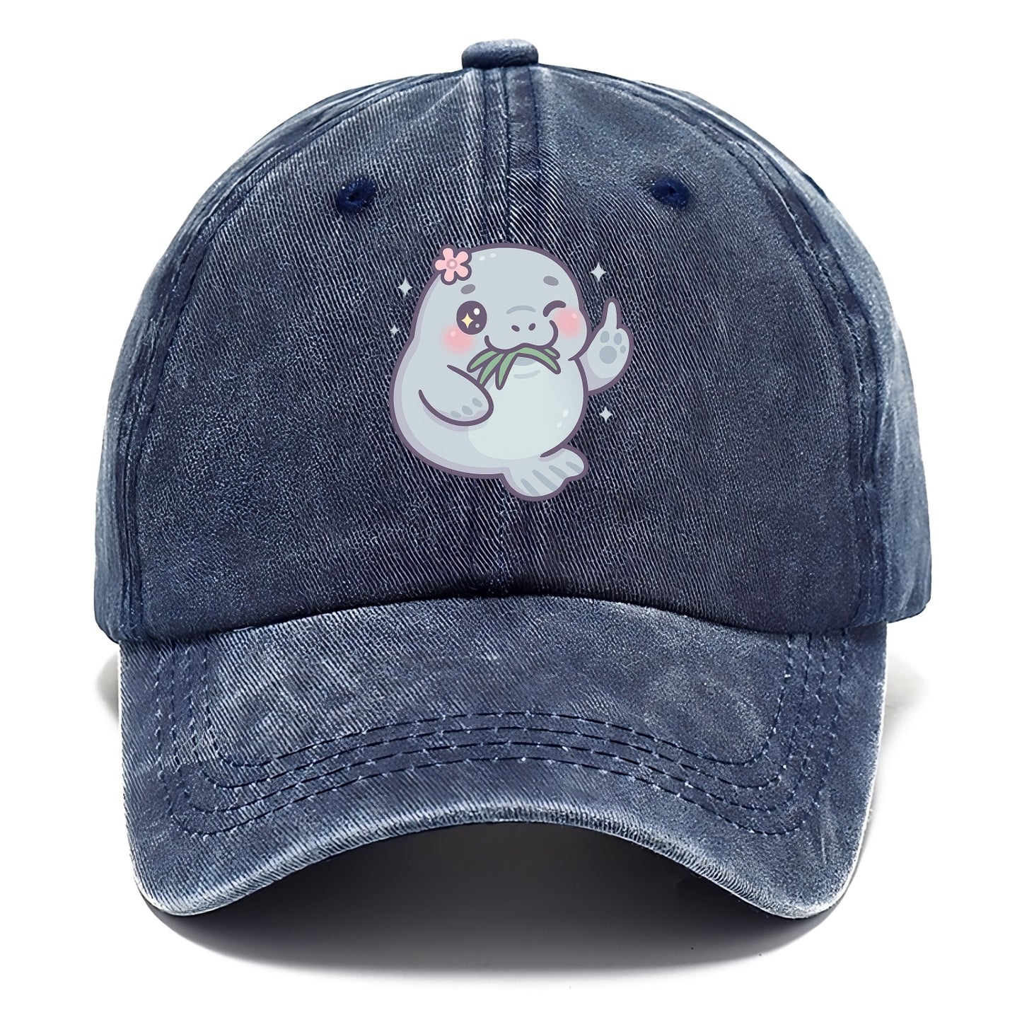 chubby manatee munching on seagrass, one flipper raised with sass - Classic Cap - Twilight Navy(Blue)