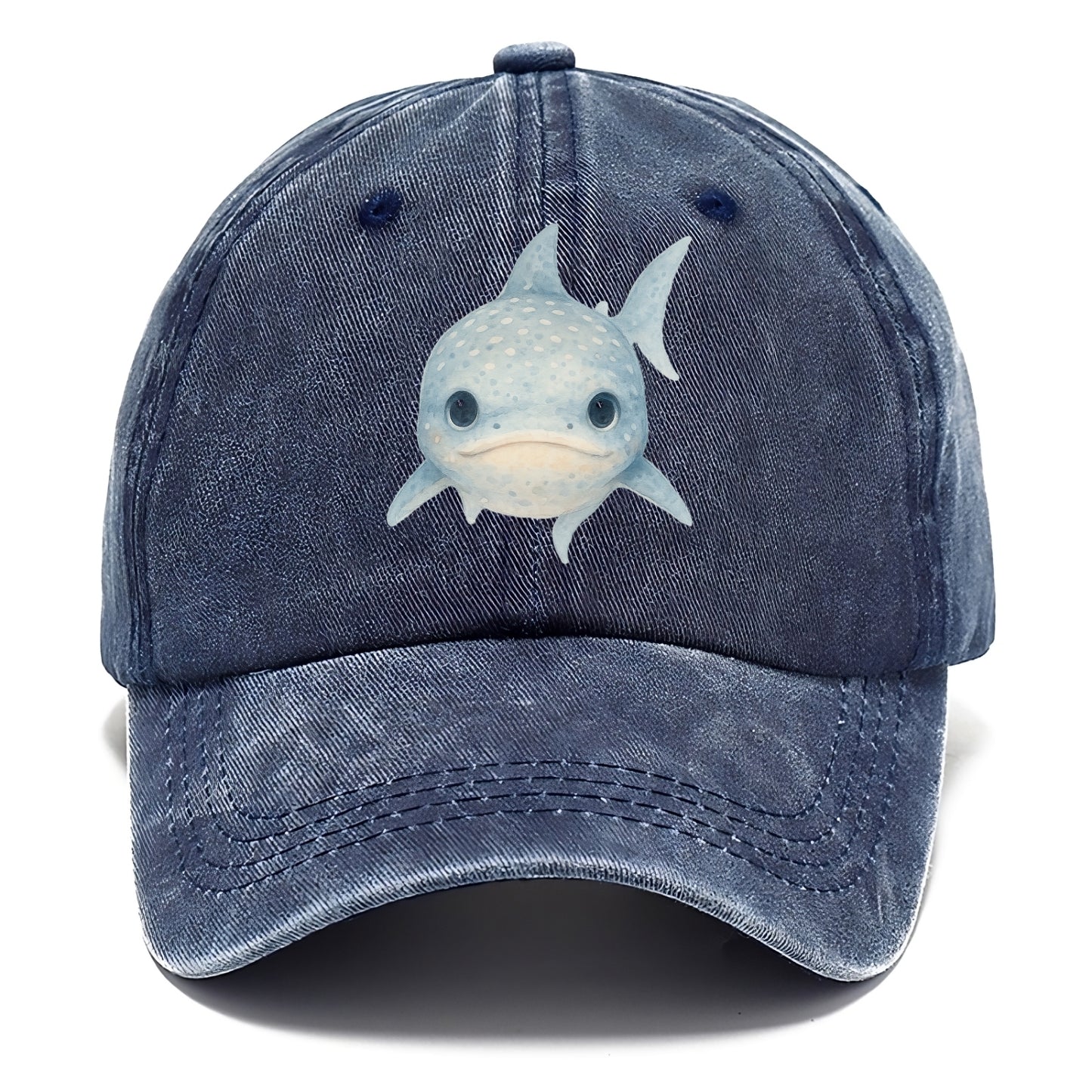 Baby Whale Shark - spotted blue-gray, wide mouth closed, tiny eyes, front-facing, - Classic Cap - Twilight Navy(Blue)