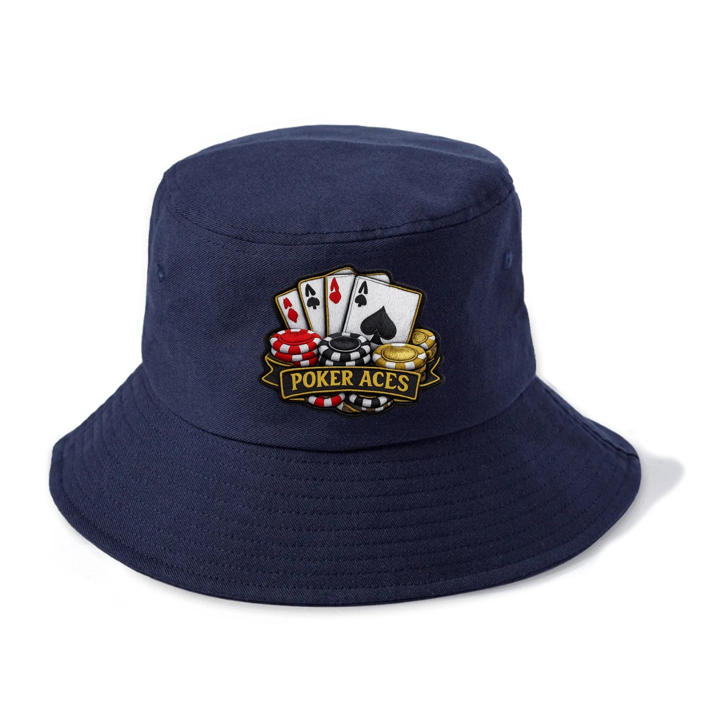 Embroidered patch design - POKER ACES - four aces with chips in red, black and gold - Bucket Hat - Twilight Navy(Blue)