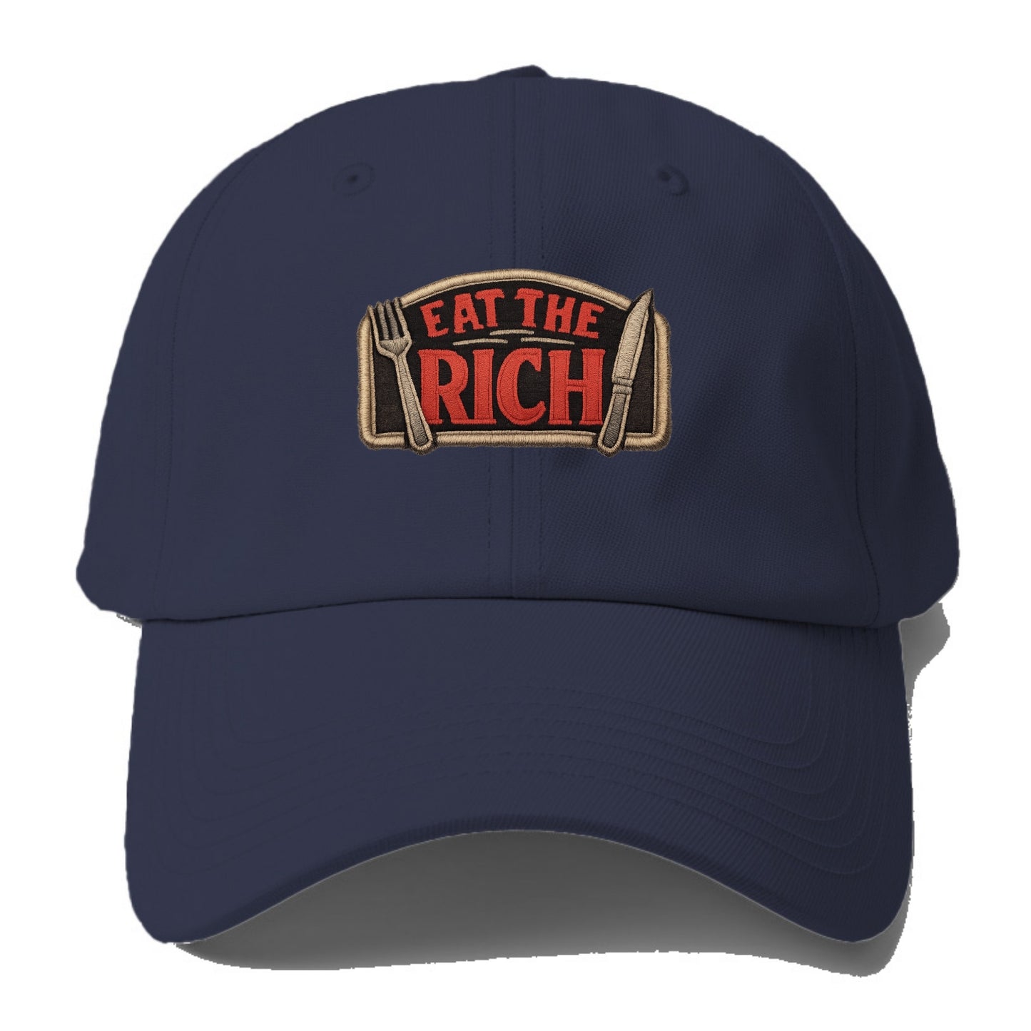 EAT THE RICH - fork and knife with text in red and silver , class war - Baseball Cap - Twilight Navy(Blue)