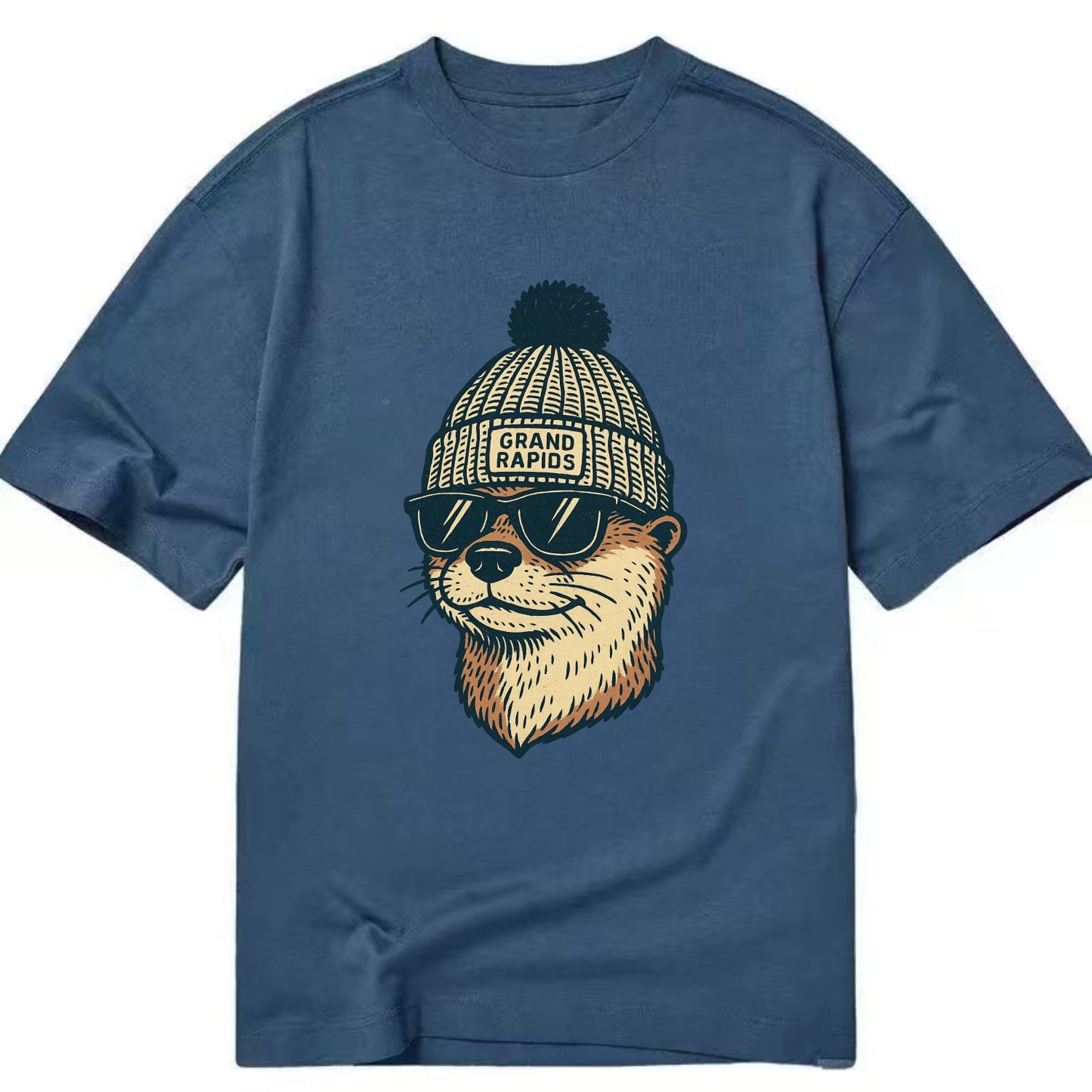 Grand Rapids River Otter wearing Grand Rapids beanie with pom pom and wayfarer - Classic T-shirt - Twilight Navy(Blue)