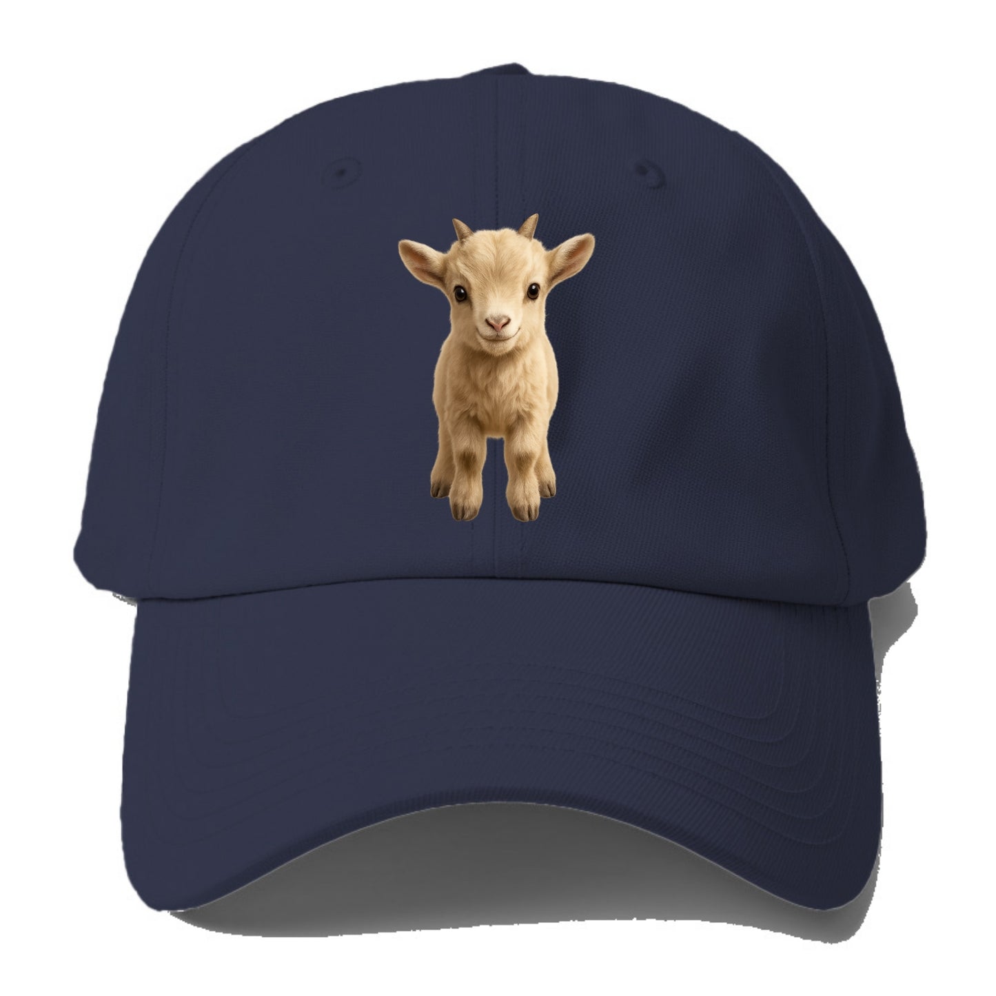 Baby Goat Kid - small horns, rectangular pupils, fluffy, playful eyes, front-facing, - Baseball Cap - Twilight Navy(Blue)