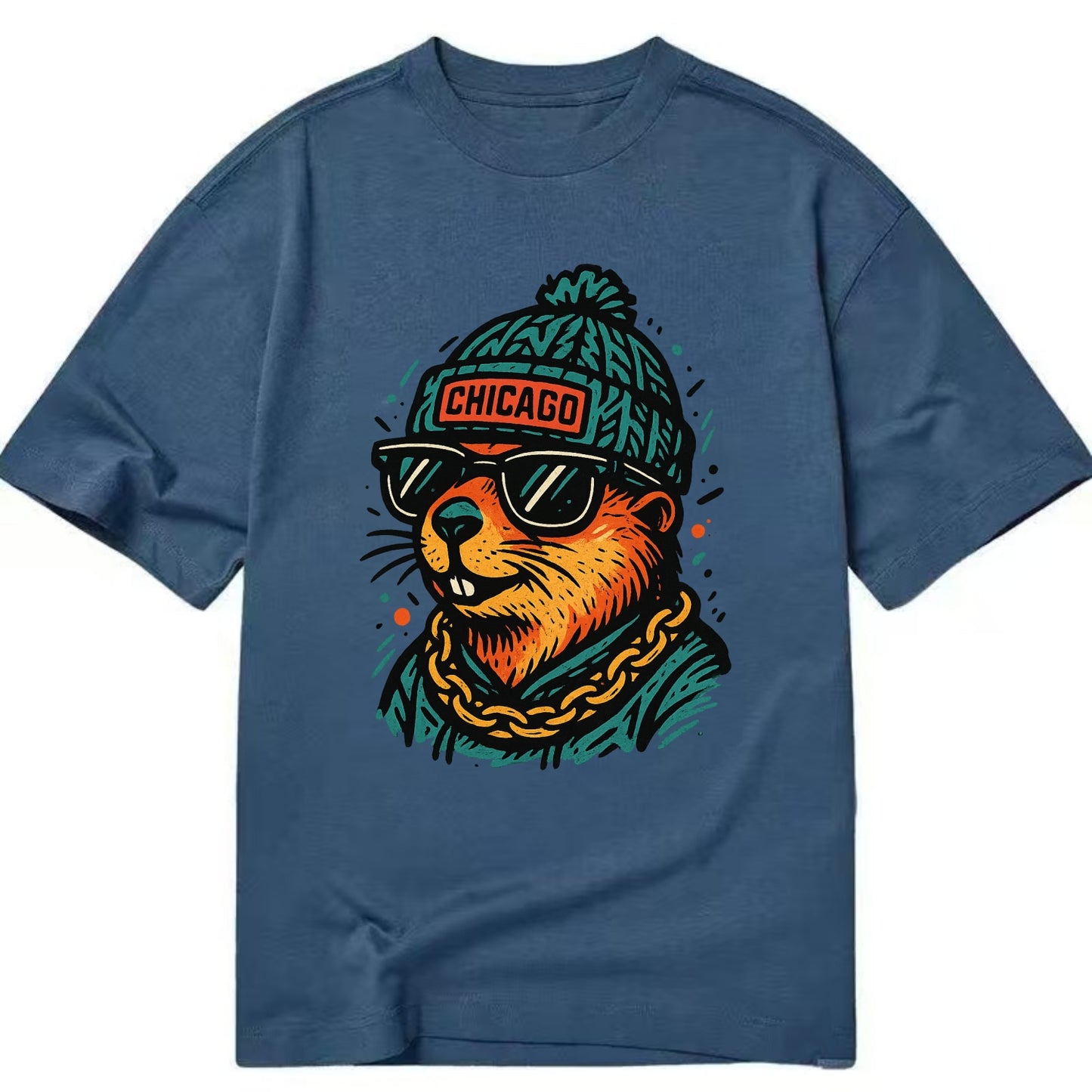 Illinois Prairie Dog wearing Chicago beanie with pom pom and wayfarer sunglasses - Classic T-shirt - Twilight Navy(Blue)