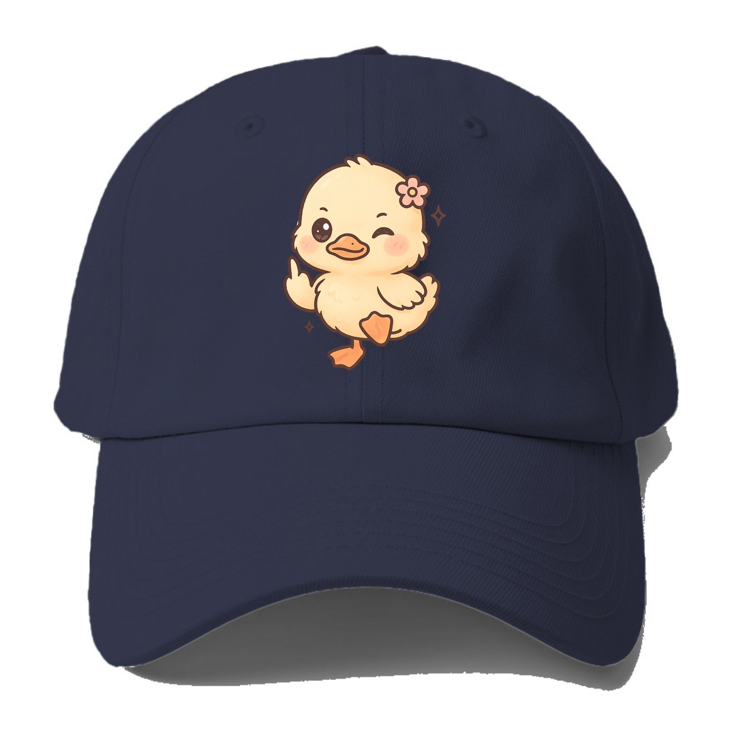 fluffy baby duck with small flower, one webbed foot raised sassily - Baseball Cap For Big Heads - Twilight Navy(Blue)
