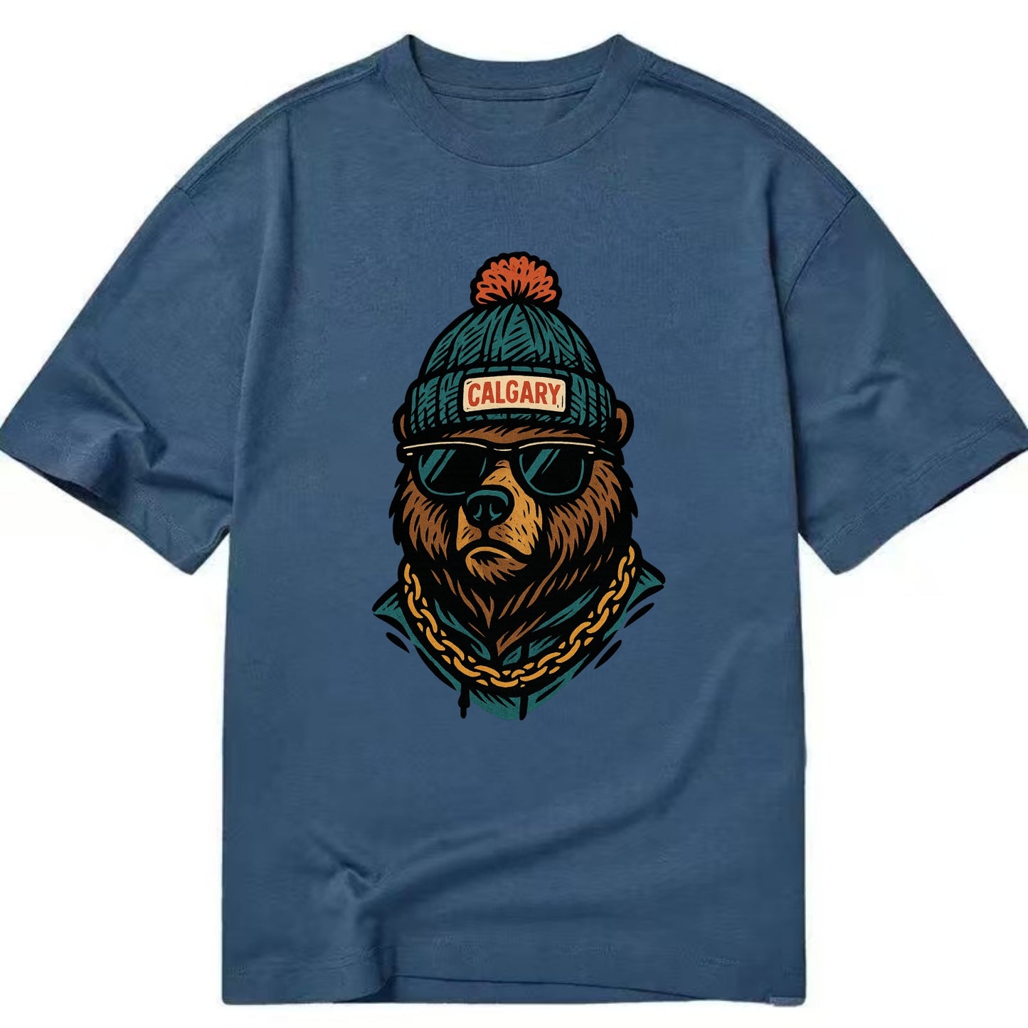 Calgary Grizzly Bear wearing Calgary beanie with pom pom and wayfarer sunglasses - Classic T-shirt - Twilight Navy(Blue)