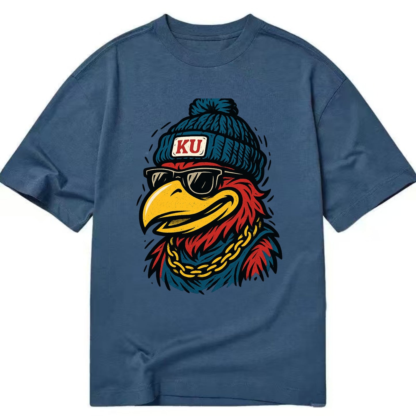 Lawrence Jayhawk wearing Kansas beanie with KU patch - Classic T-shirt - Twilight Navy(Blue)