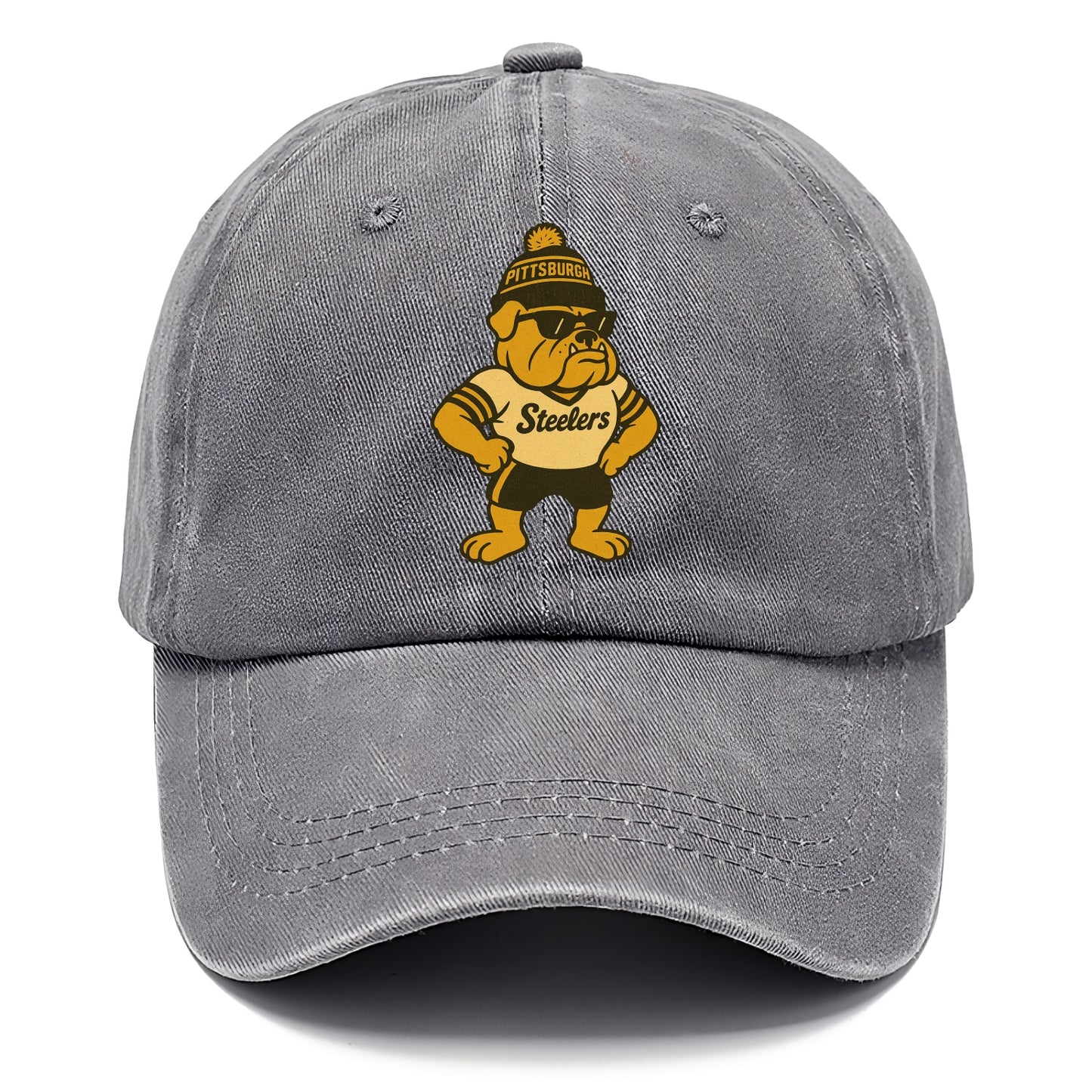 Pittsburgh Bulldog wearing Steelers black and gold beanie with pom pom and wayfarer - Classic Cap - Urban Haze(Grey)