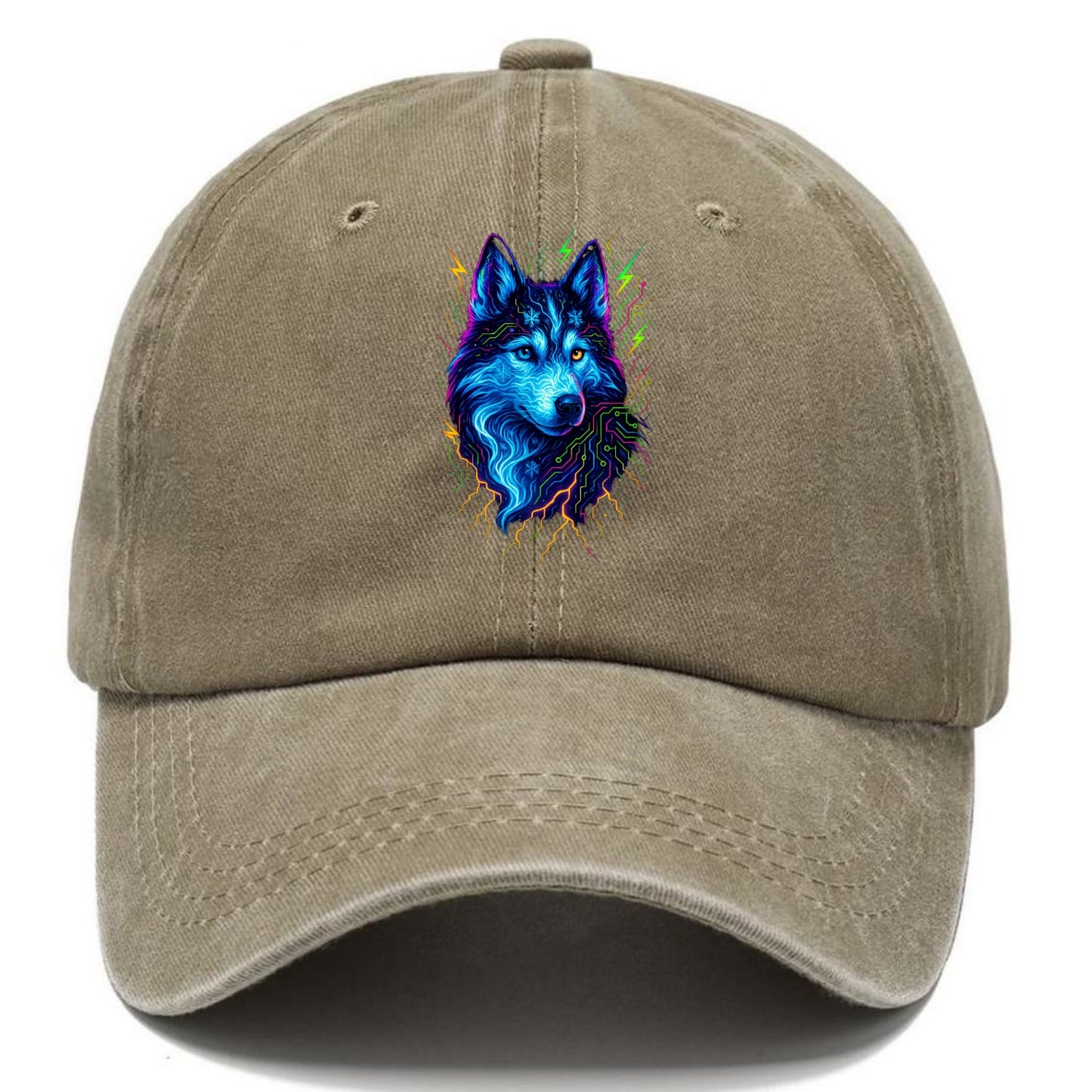 Siberian husky with ice-crystal flowing patterns, electric blue and white swirls, - Classic Cap - Warm Sand(Khaki)