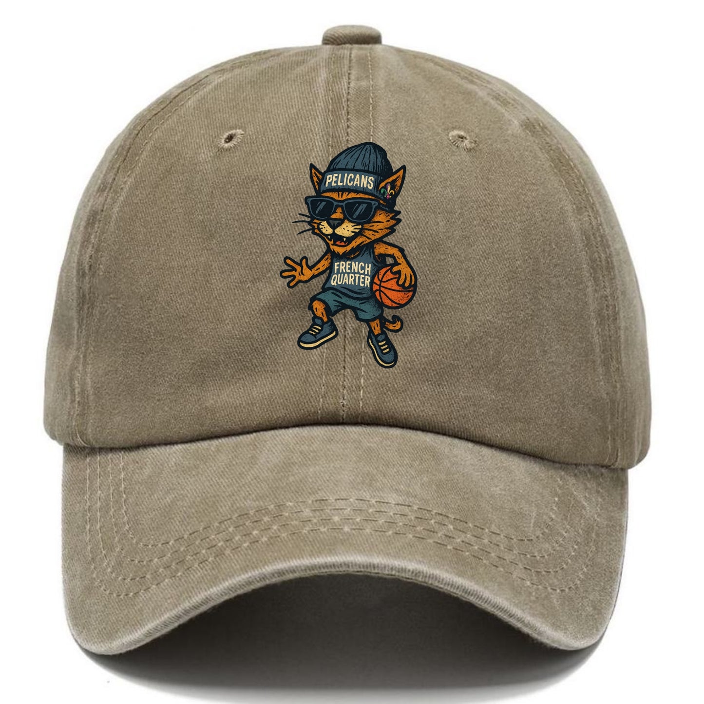 French Quarter Cat wearing Pelicans beanie with Mardi Gras patch and wayfarer - Classic Cap - Warm Sand(Khaki)