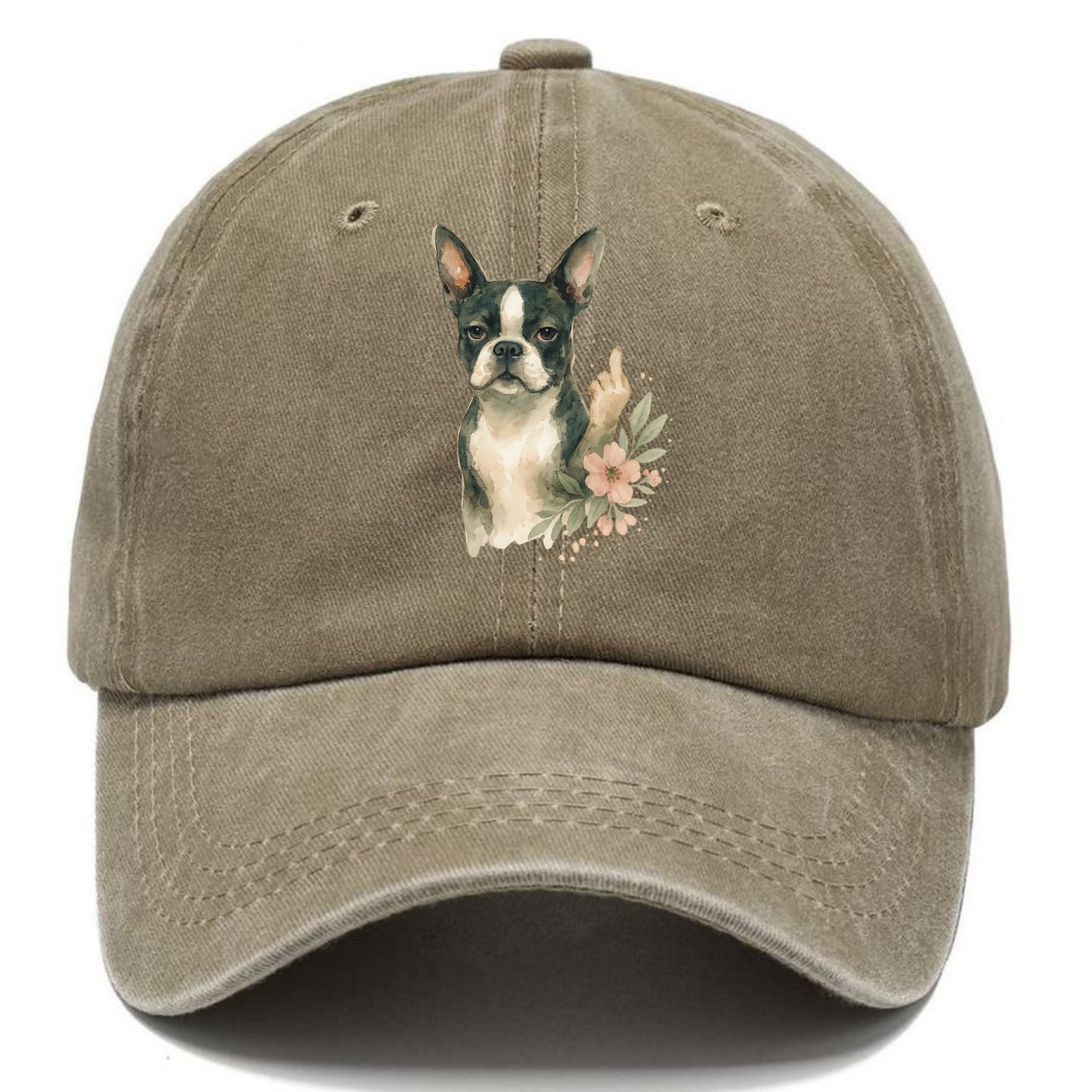 Boston Terrier with tuxedo markings, perky ears, paw up giving sass - Classic Cap - Warm Sand(Khaki)