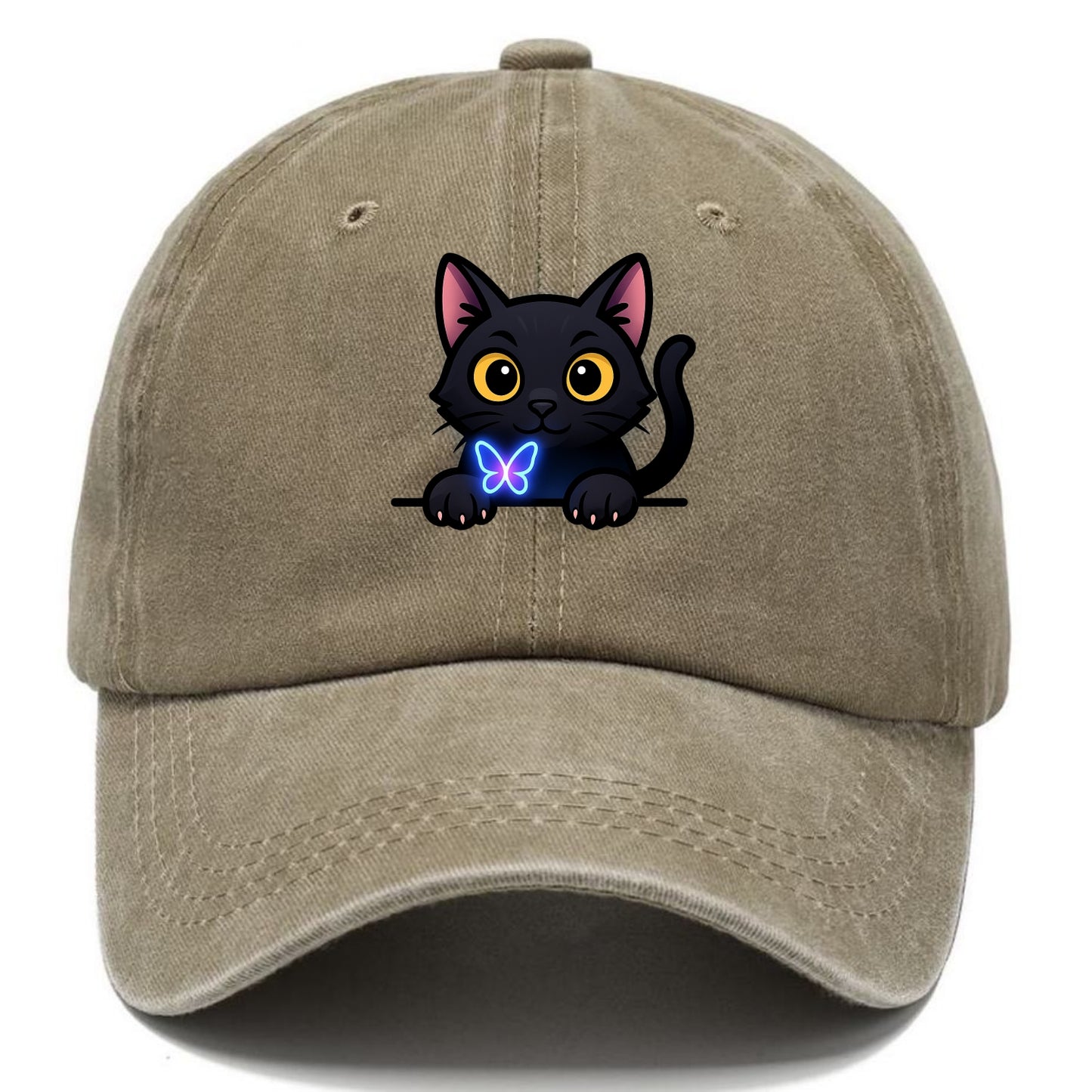 Midnight the black cat blowing a glossy bubblegum bubble while peeking. - Classic Cap - Warm Sand(Khaki)