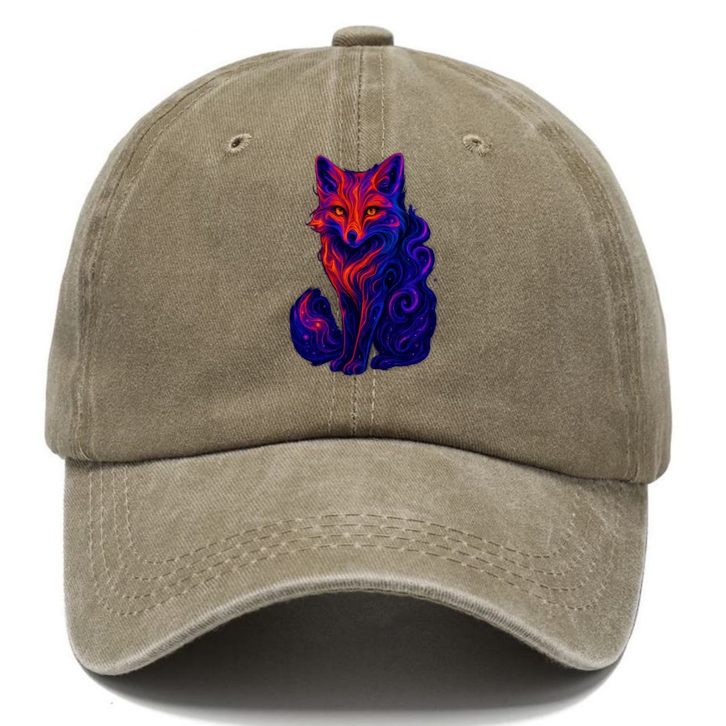 Clever fox with tail dissolving into cosmic nebula swirls, orange to purple gradient - Classic Cap - Warm Sand(Khaki)