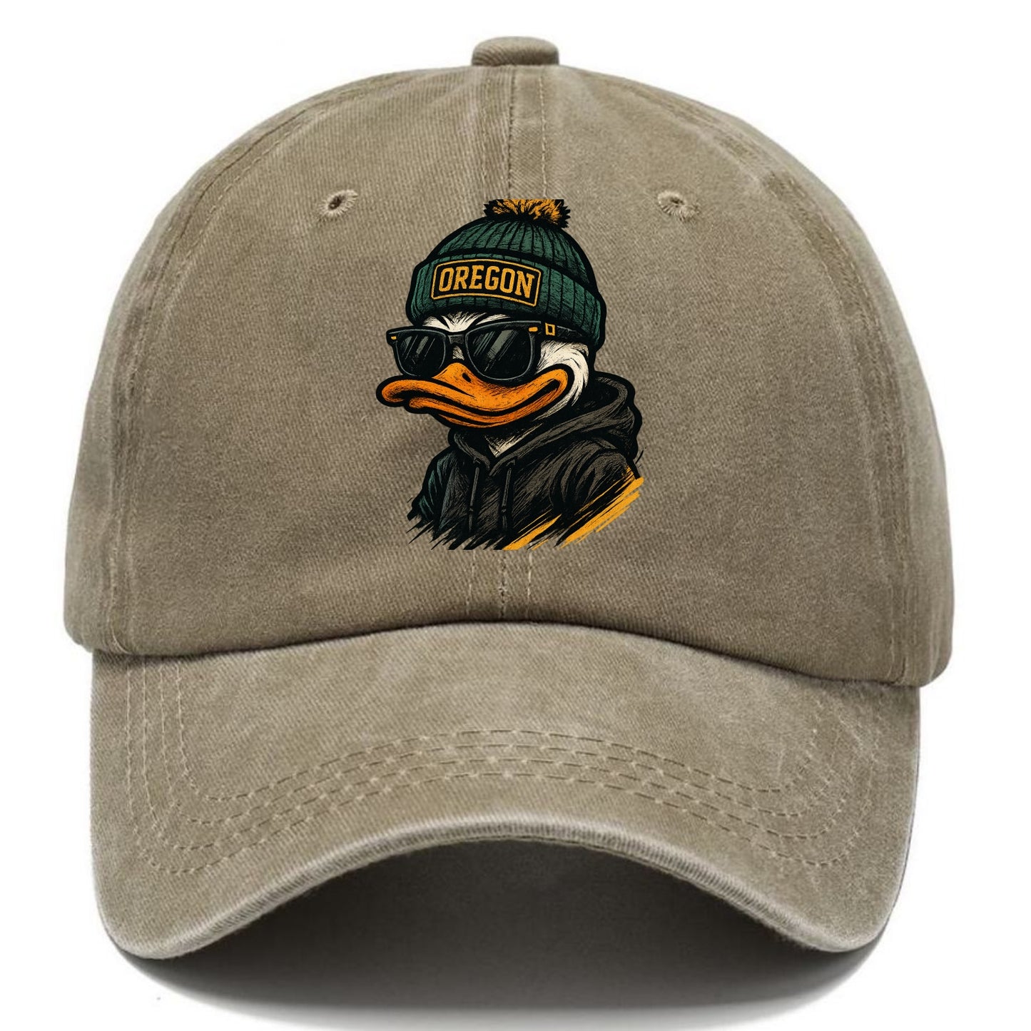 Eugene Duck wearing Oregon beanie with O patch - Classic Cap - Warm Sand(Khaki)