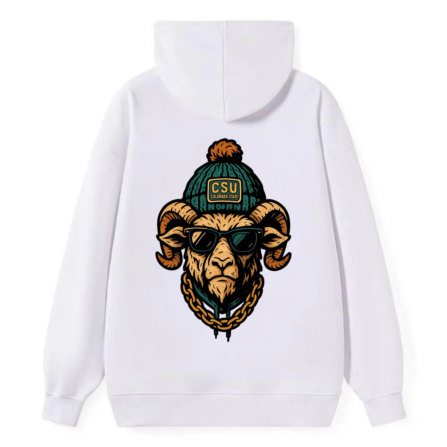 Fort Collins Ram wearing Colorado State beanie with CSU patch - Classic Pullover Hoodie - White