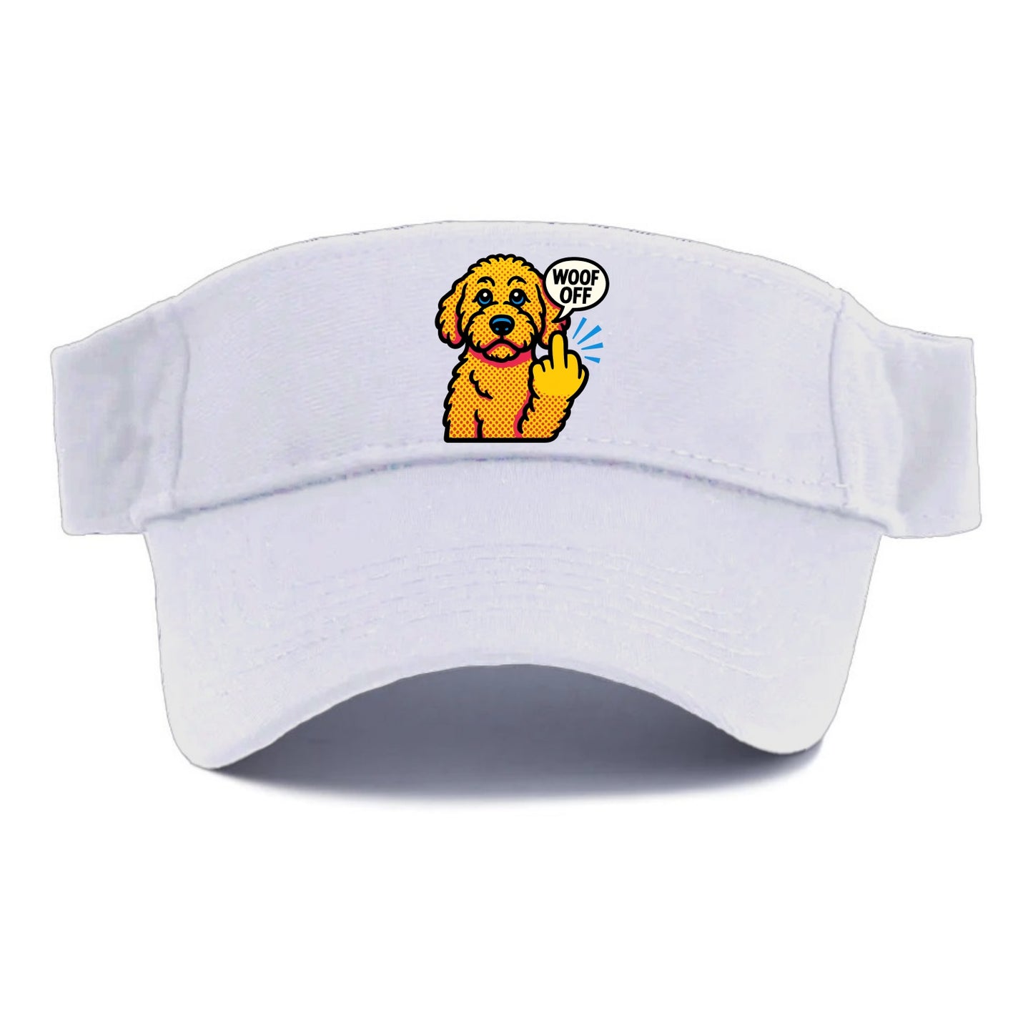 Goldendoodle with teddy bear face and curly golden coat, friendly paw flipping off - Visor - White