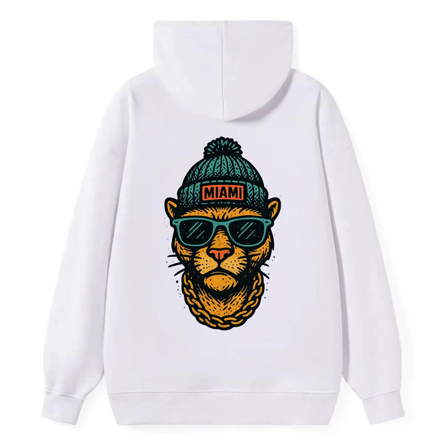 Florida Panther wearing Miami beanie with pom pom and wayfarer sunglasses - Classic Pullover Hoodie - White