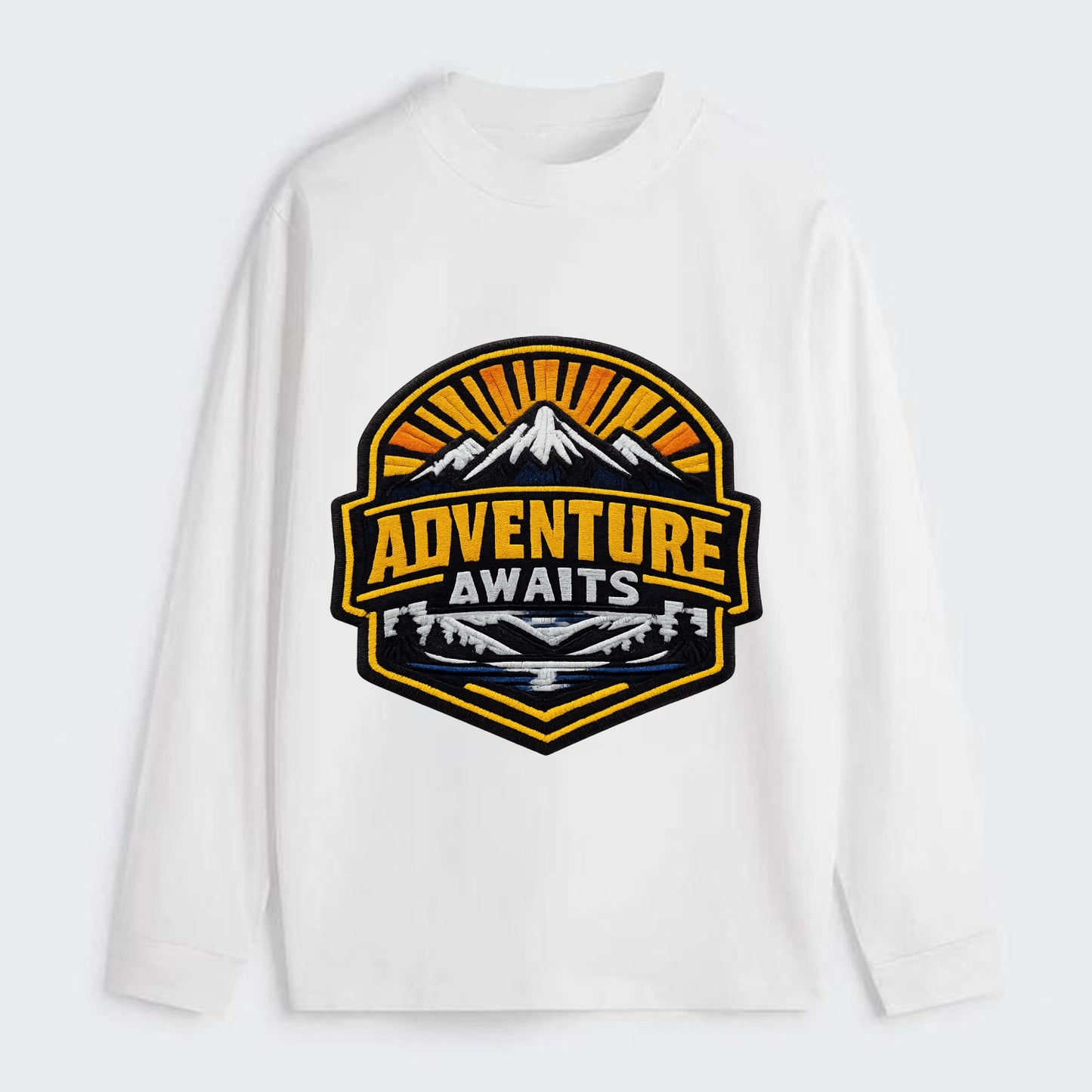 ADVENTURE AWAITS - mountain sunrise with text in gold and blue , - Classic Long Sleeve Shirt - White