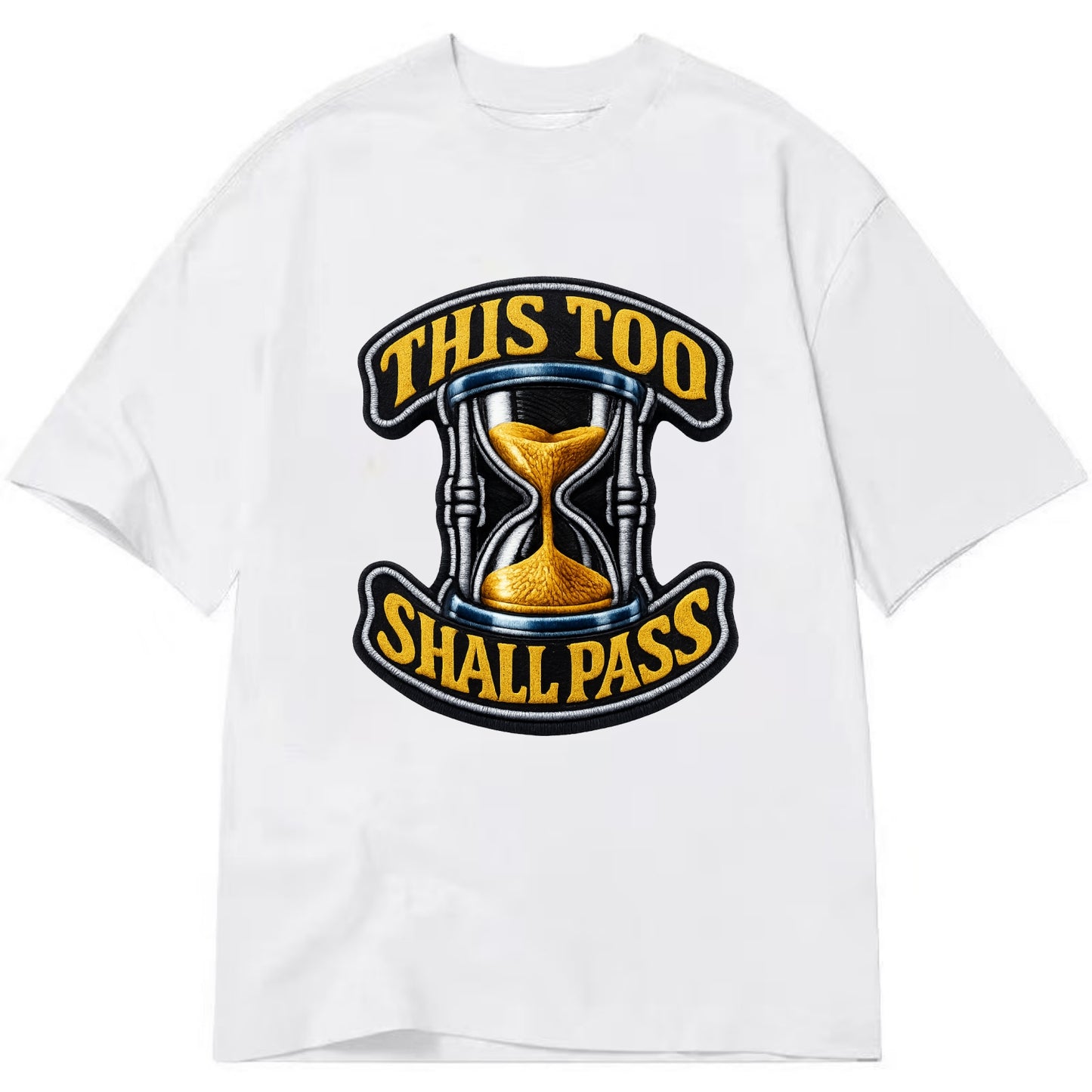 THIS TOO SHALL PASS - hourglass with text in gold , perspective - Classic T-shirt - White