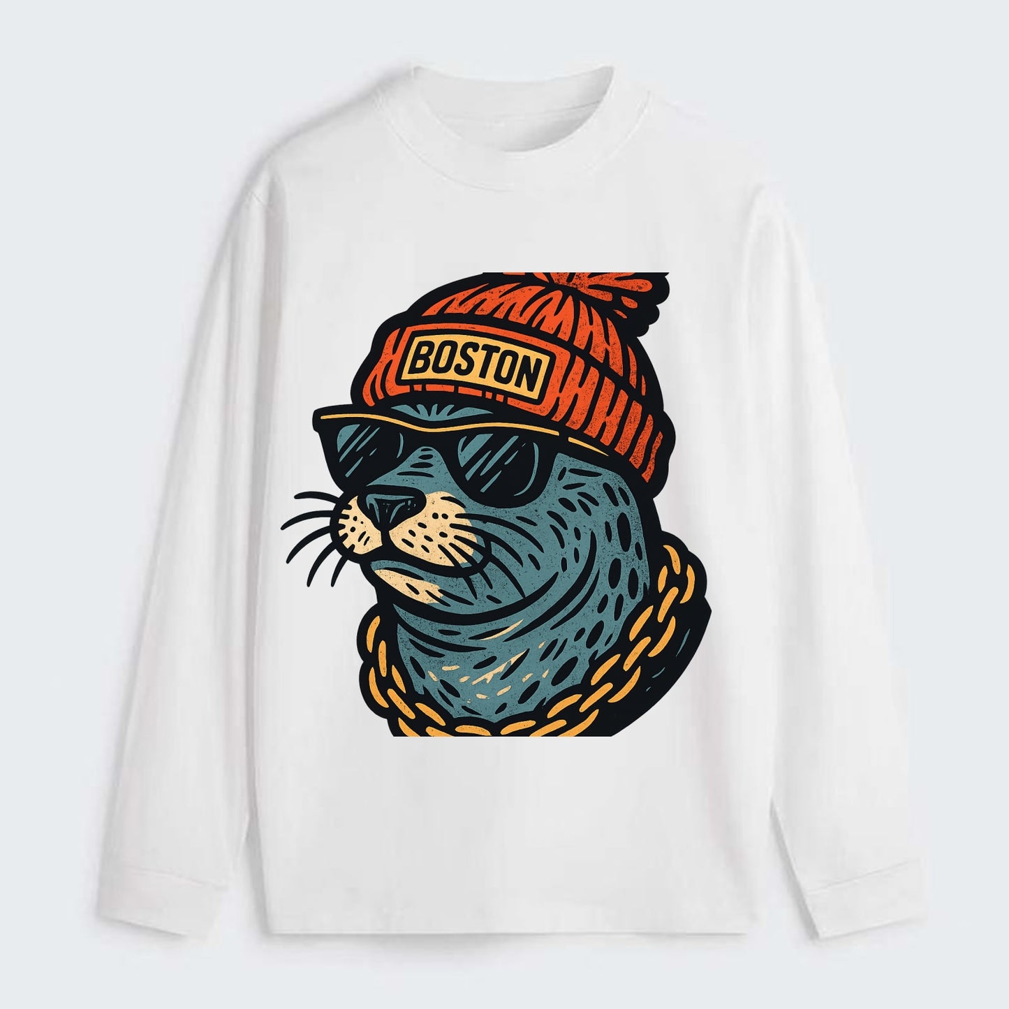Boston Harbor Seal wearing Boston beanie with pom pom and wayfarer - Classic Long Sleeve Shirt - White