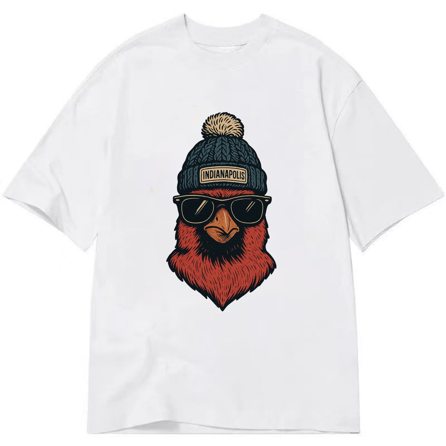Indiana Cardinal wearing Indianapolis beanie with pom pom and wayfarer sunglasses - Classic T-shirt - White