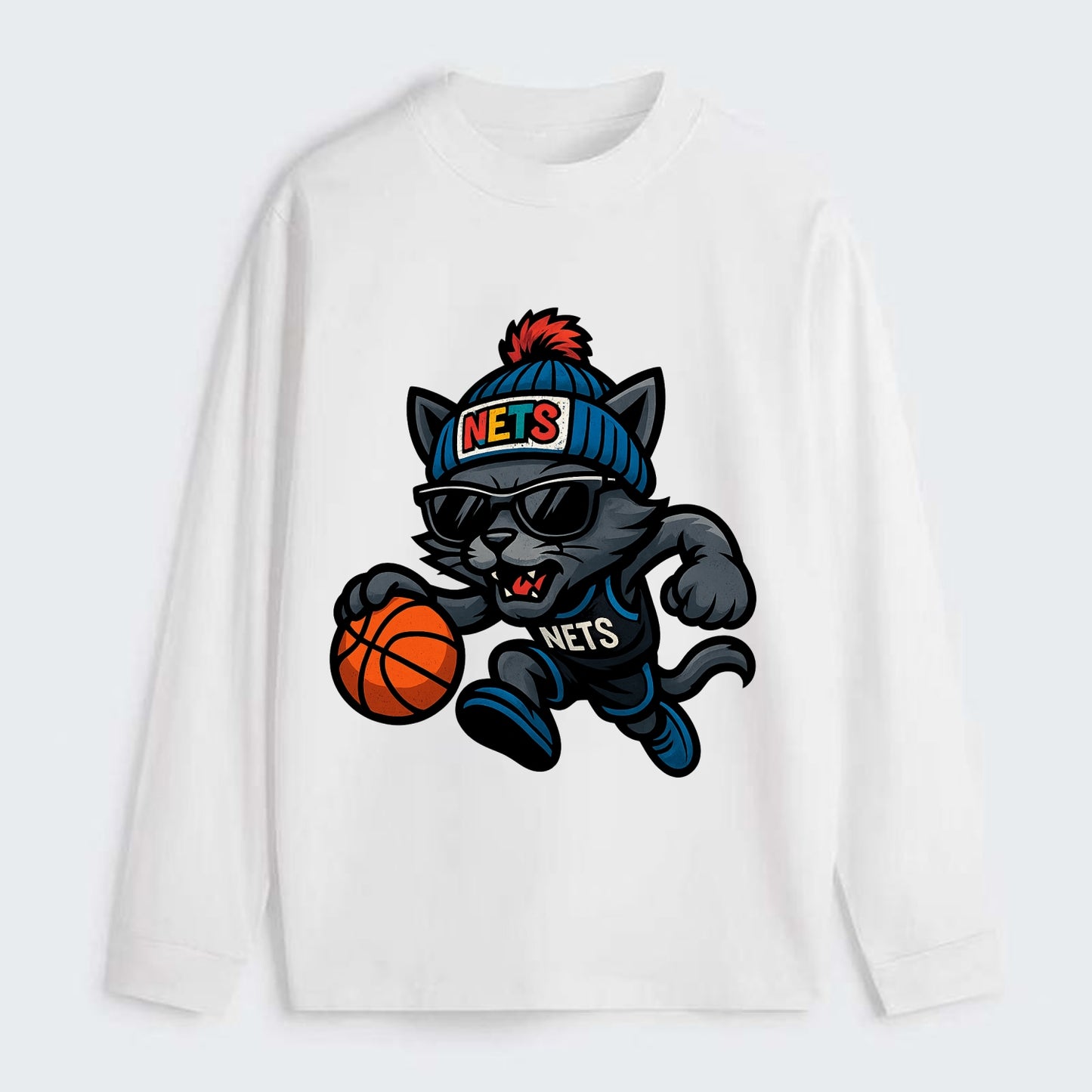 Brooklyn Cat wearing Nets beanie with street art patch and wayfarer - Classic Long Sleeve Shirt - White
