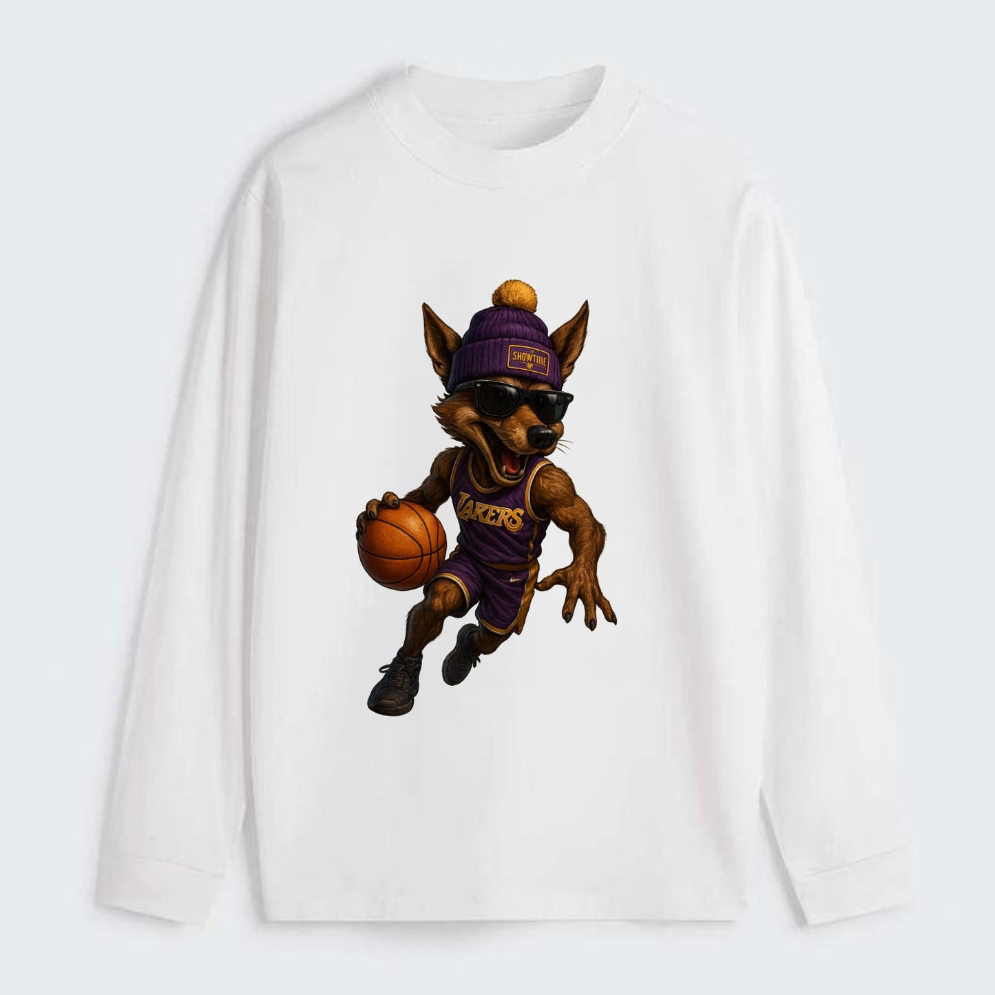 Hollywood Coyote wearing Lakers beanie with Showtime patch and wayfarer - Classic Long Sleeve Shirt - White