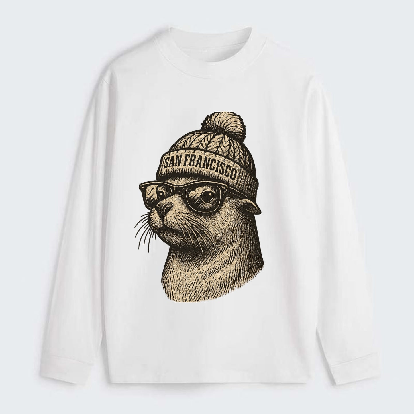 San Francisco Sea Lion wearing San Francisco beanie with pom pom and - Classic Long Sleeve Shirt - White