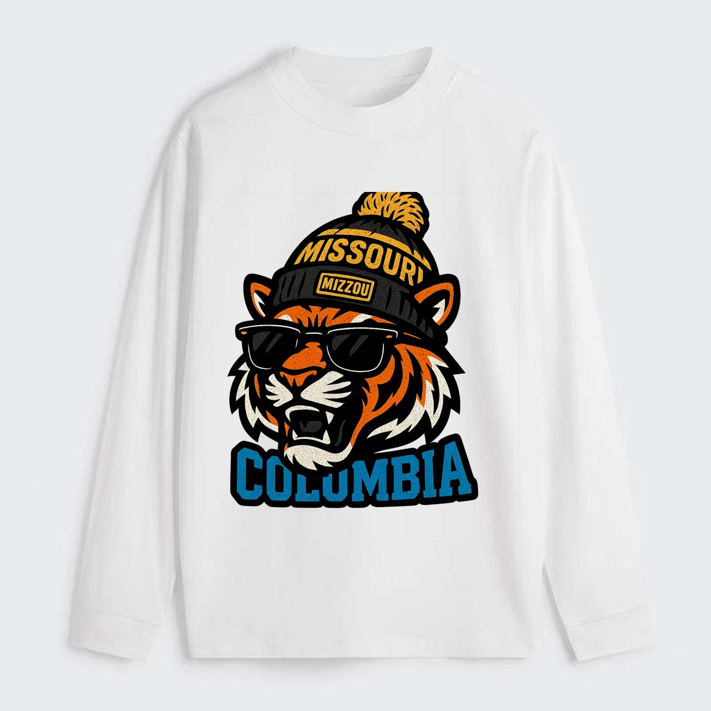 Columbia Tiger wearing Missouri beanie with Mizzou patch - Classic Long Sleeve Shirt - White