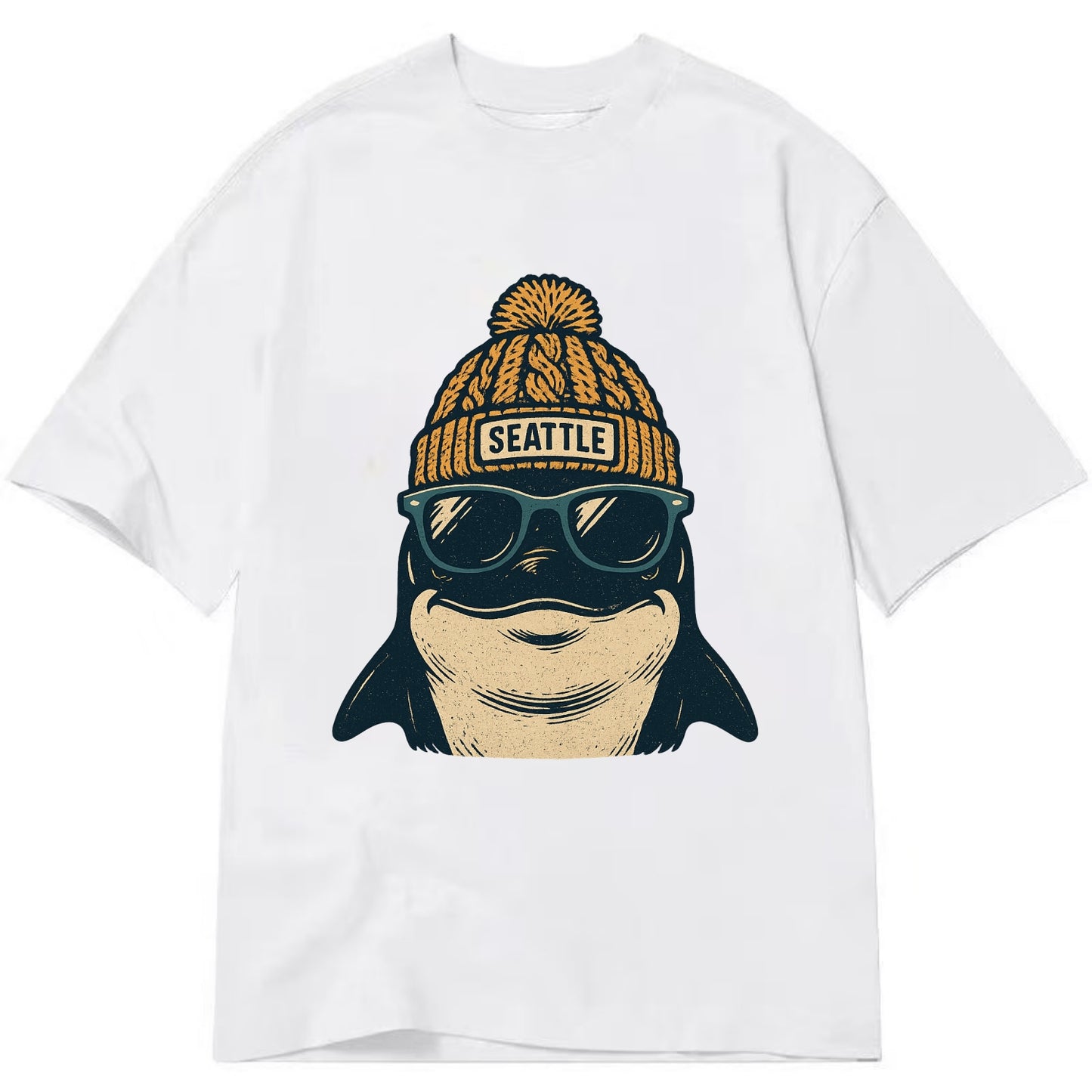 Seattle Orca wearing Seattle beanie with pom pom and wayfarer sunglasses - Classic T-shirt - White