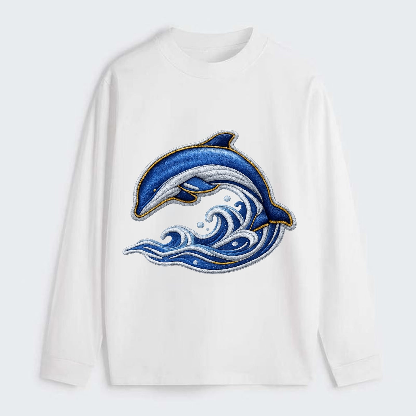 Embroidered patch design - SWIMMING DOLPHIN - diving dolphin with waves - Classic Long Sleeve Shirt - White