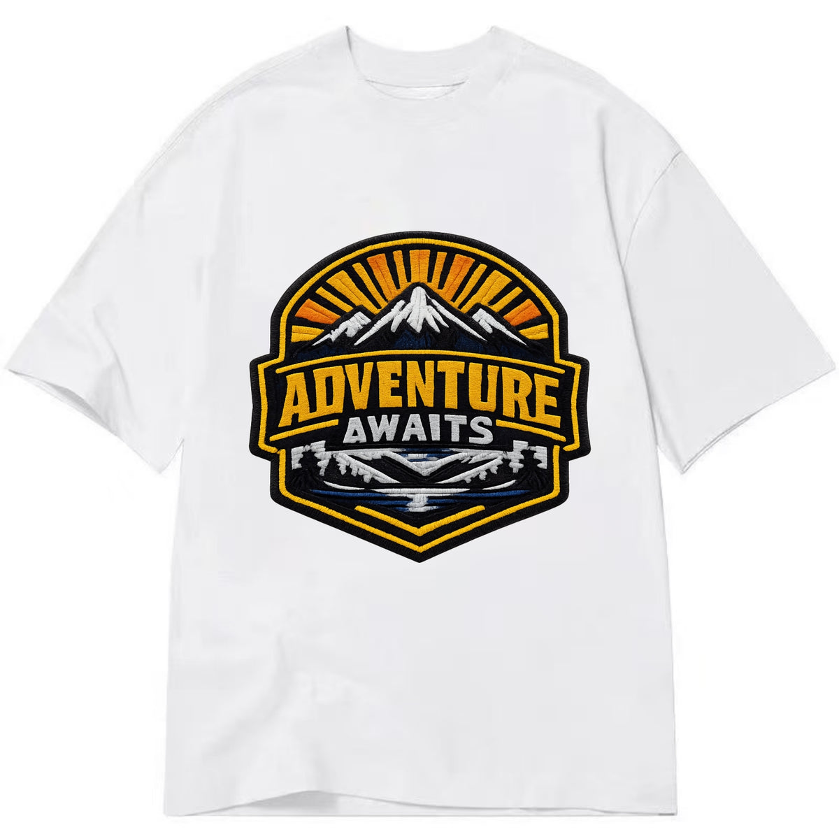 ADVENTURE AWAITS - mountain sunrise with text in gold and blue , wanderlust - Classic T-shirt - White