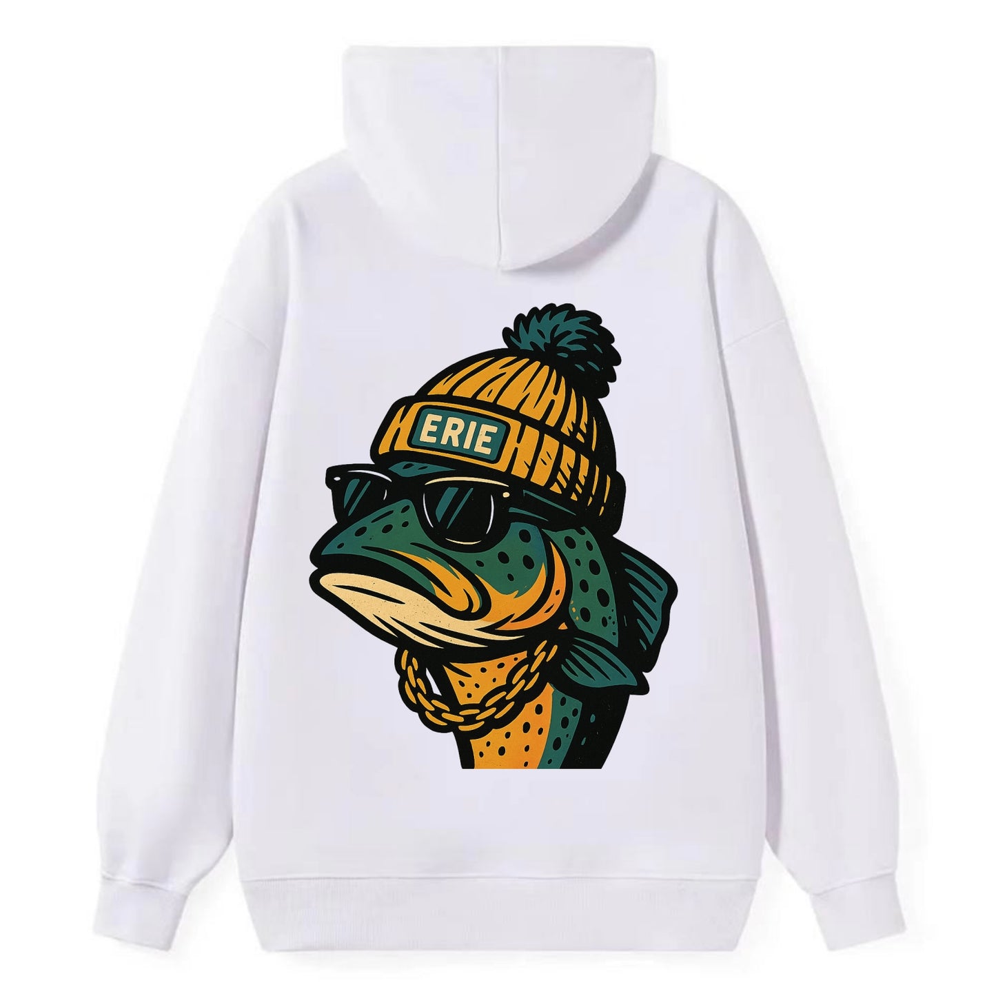 Erie Lake Trout wearing Erie beanie with pom pom and wayfarer sunglasses - Classic Pullover Hoodie - White