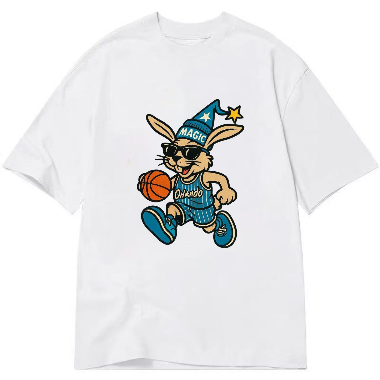 Orlando Rabbit wearing Magic blue and silver beanie with wizard hat and wayfarer - Classic T-shirt - White