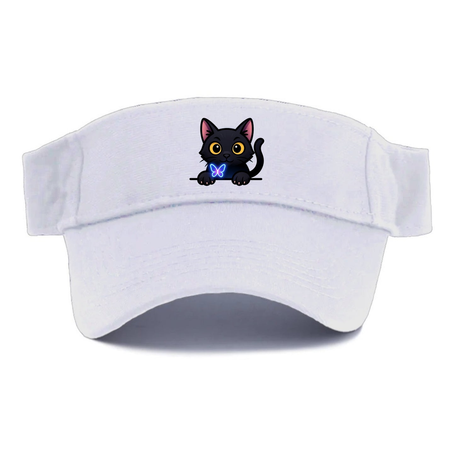 Midnight the black cat blowing a glossy bubblegum bubble while peeking. - Visor - White