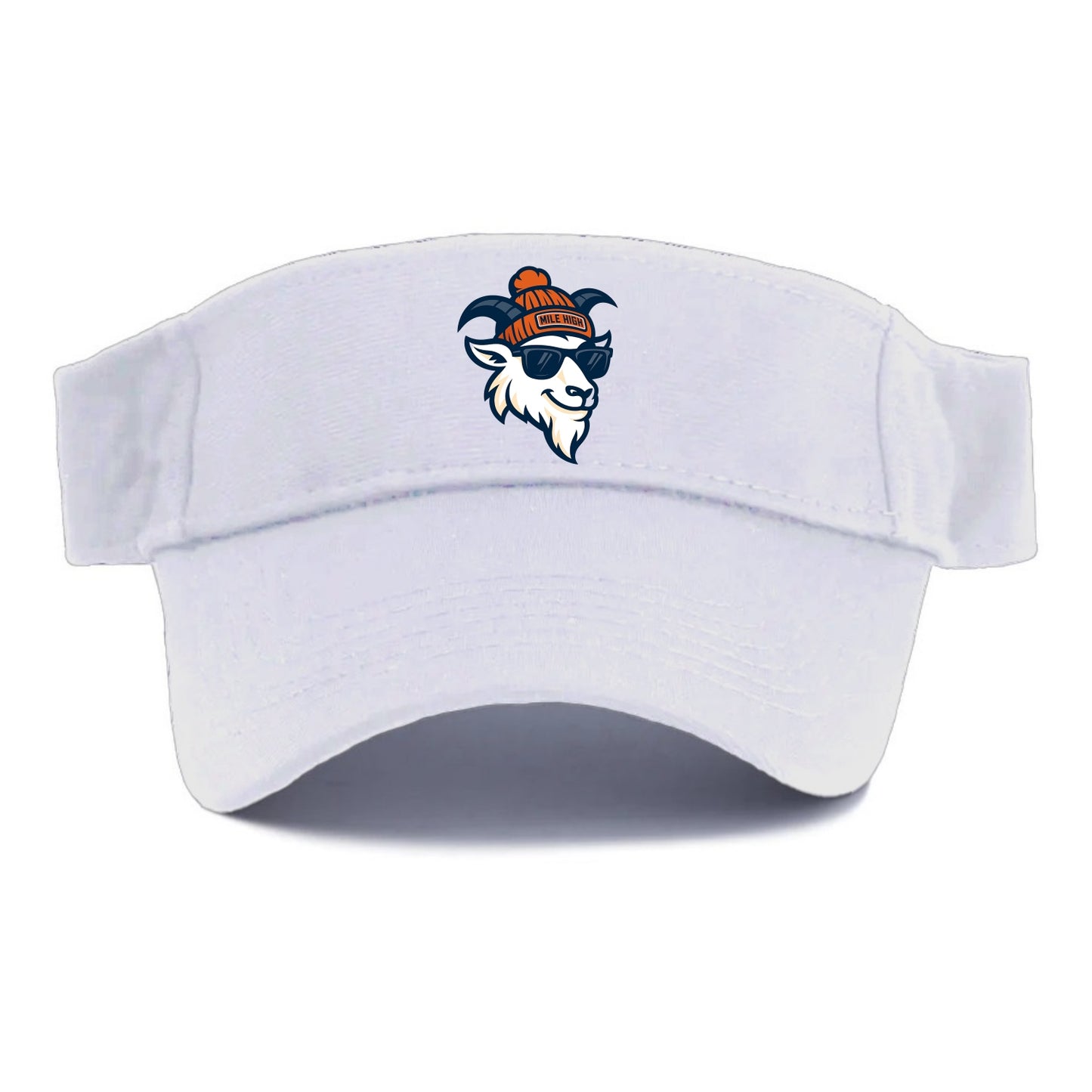 Denver Mountain Goat wearing Broncos beanie with Mile High patch and wayfarer sunglasses - Visor - White